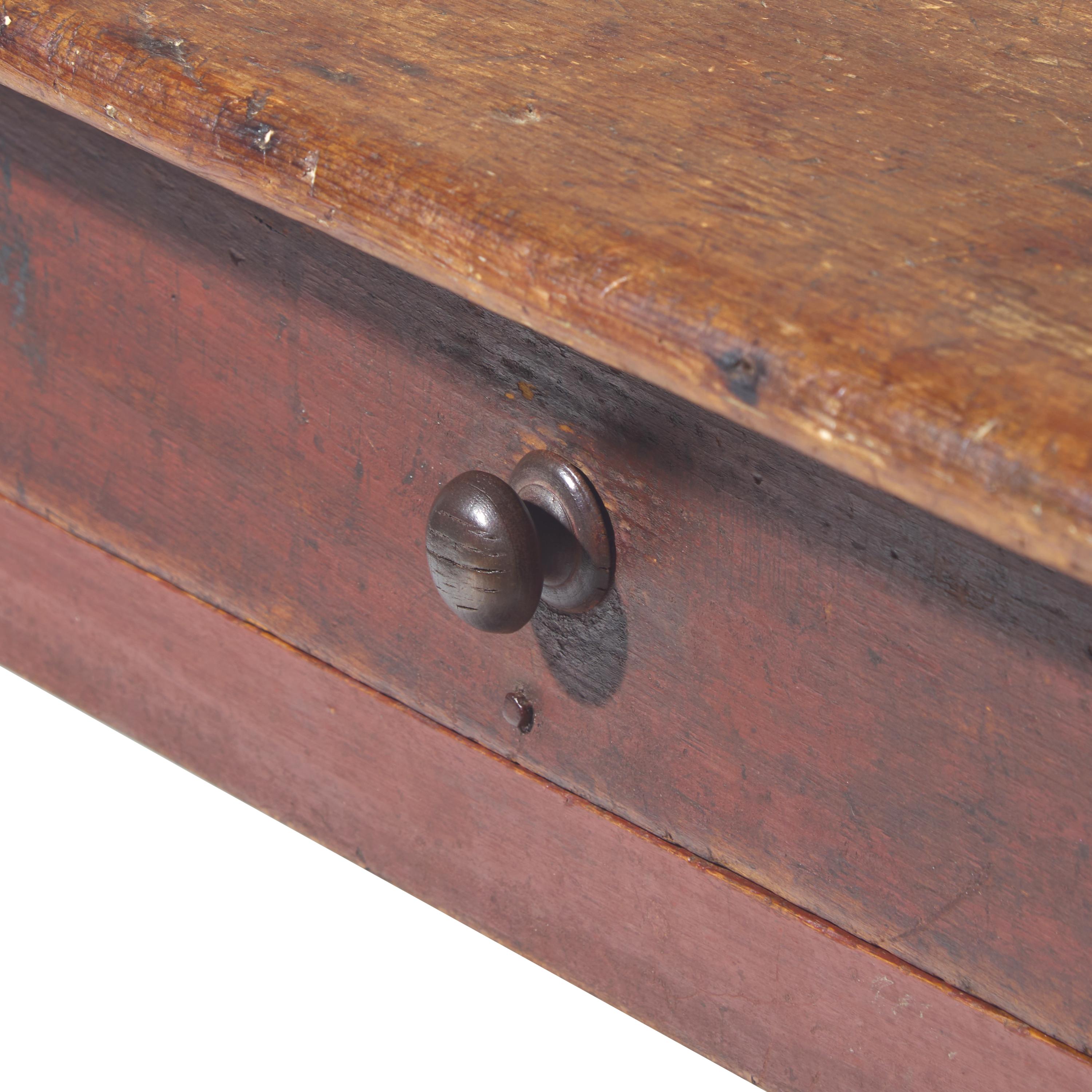 A Federal Red-Painted Pine Scrubbed-Top, Stretcher-Base Tavern Table