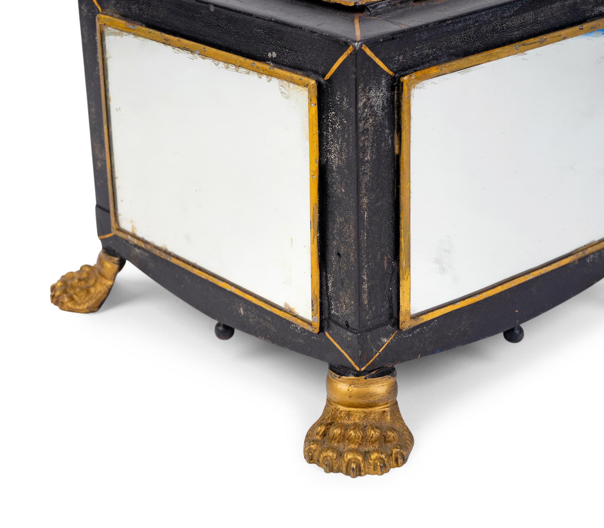 An English Black and Gilt Decorated Tole Box with Mirrored Panels — 19TH CENTURY