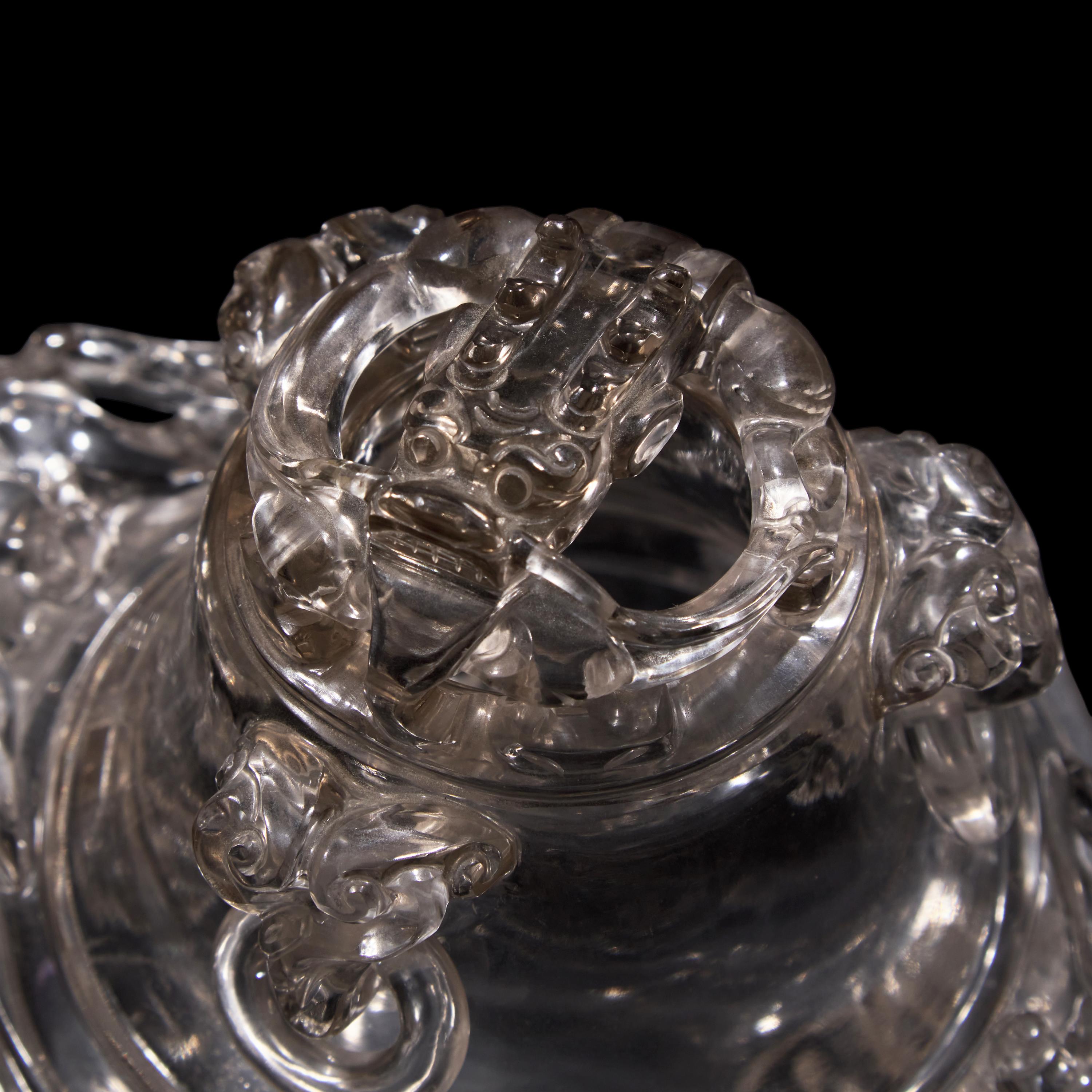A Chinese Rock Crystal Censer and Openwork Cover, Early 20th Century 晚清-民國 水晶鏤空龍紋銜環三足香爐