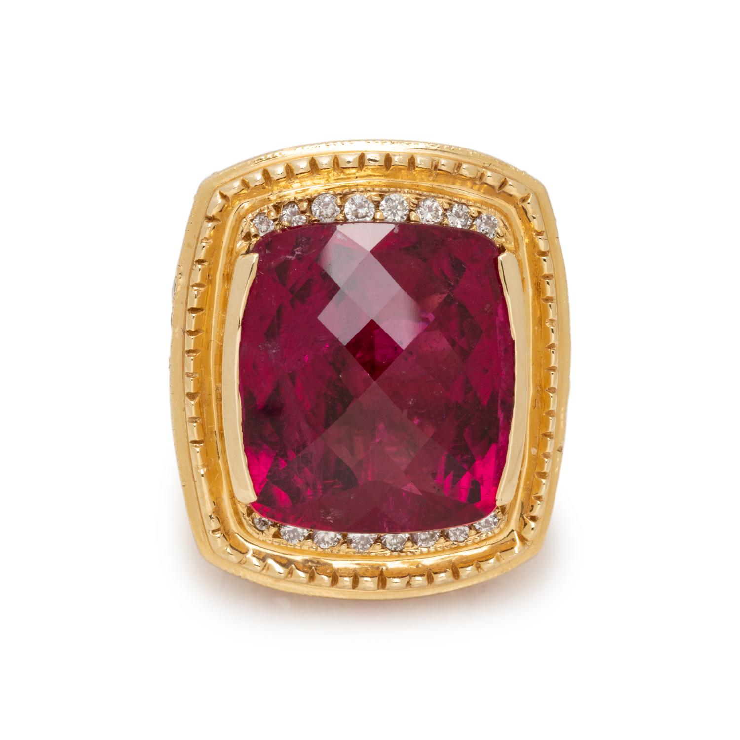 YELLOW GOLD, RUBELLITE TOURMALINE AND DIAMOND RING
