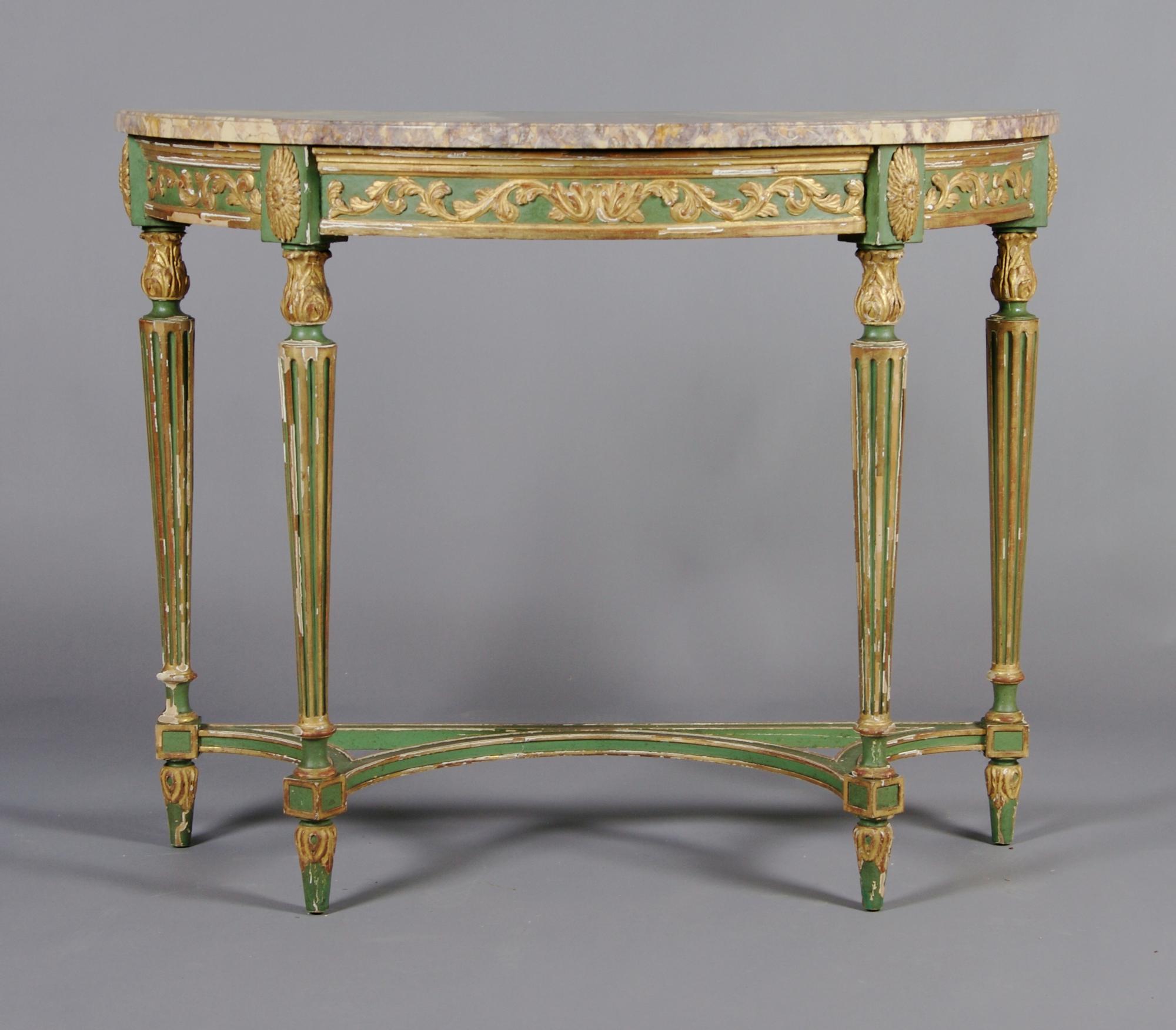 A Louis XVI Style Painted and Partial Gilt Console Table, Height 34 x width 42 x depth 18 inches.