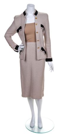 An Adolfo Tan Wool Skirt Suit,
