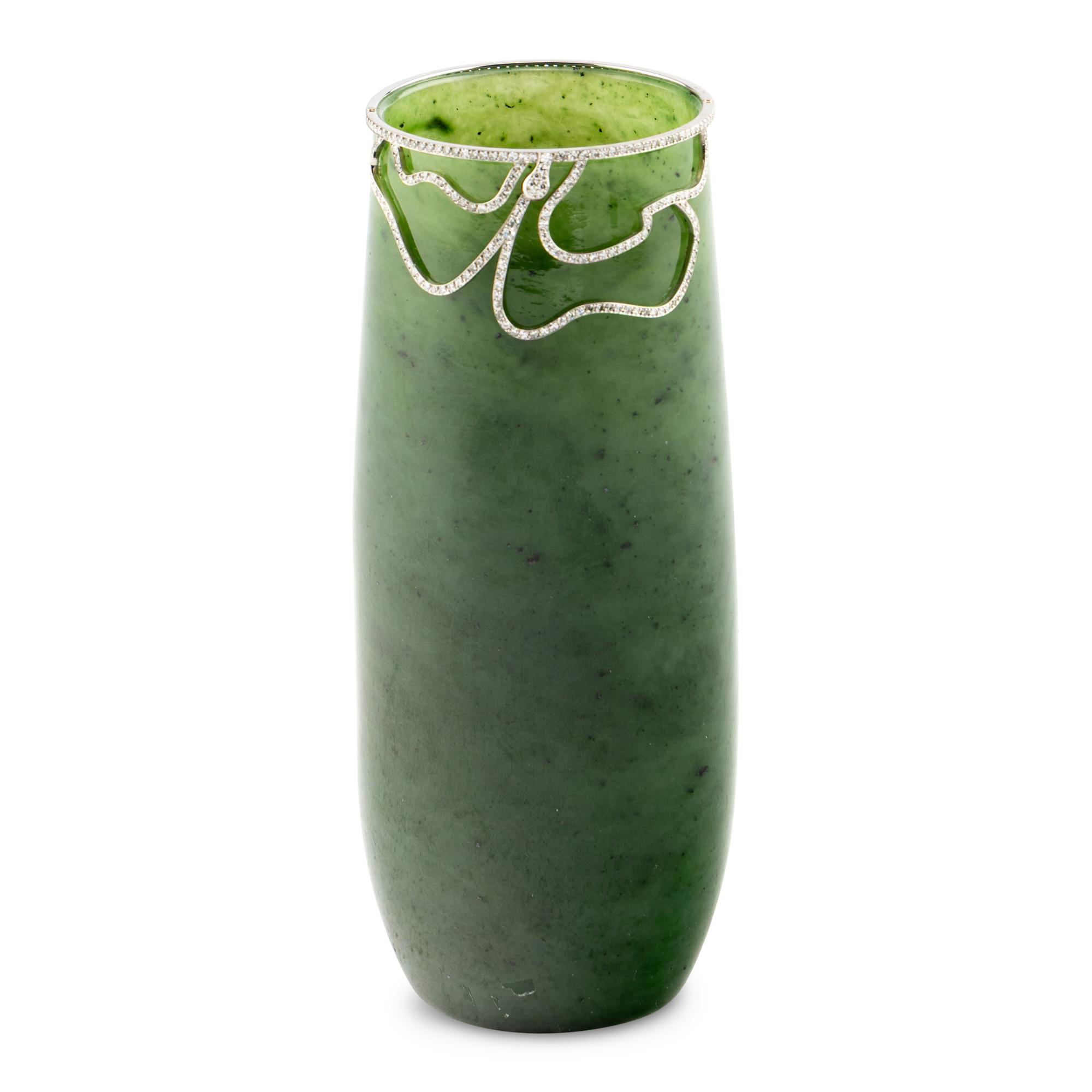 A Nephrite, Platinum and Diamond Mounted Vase
