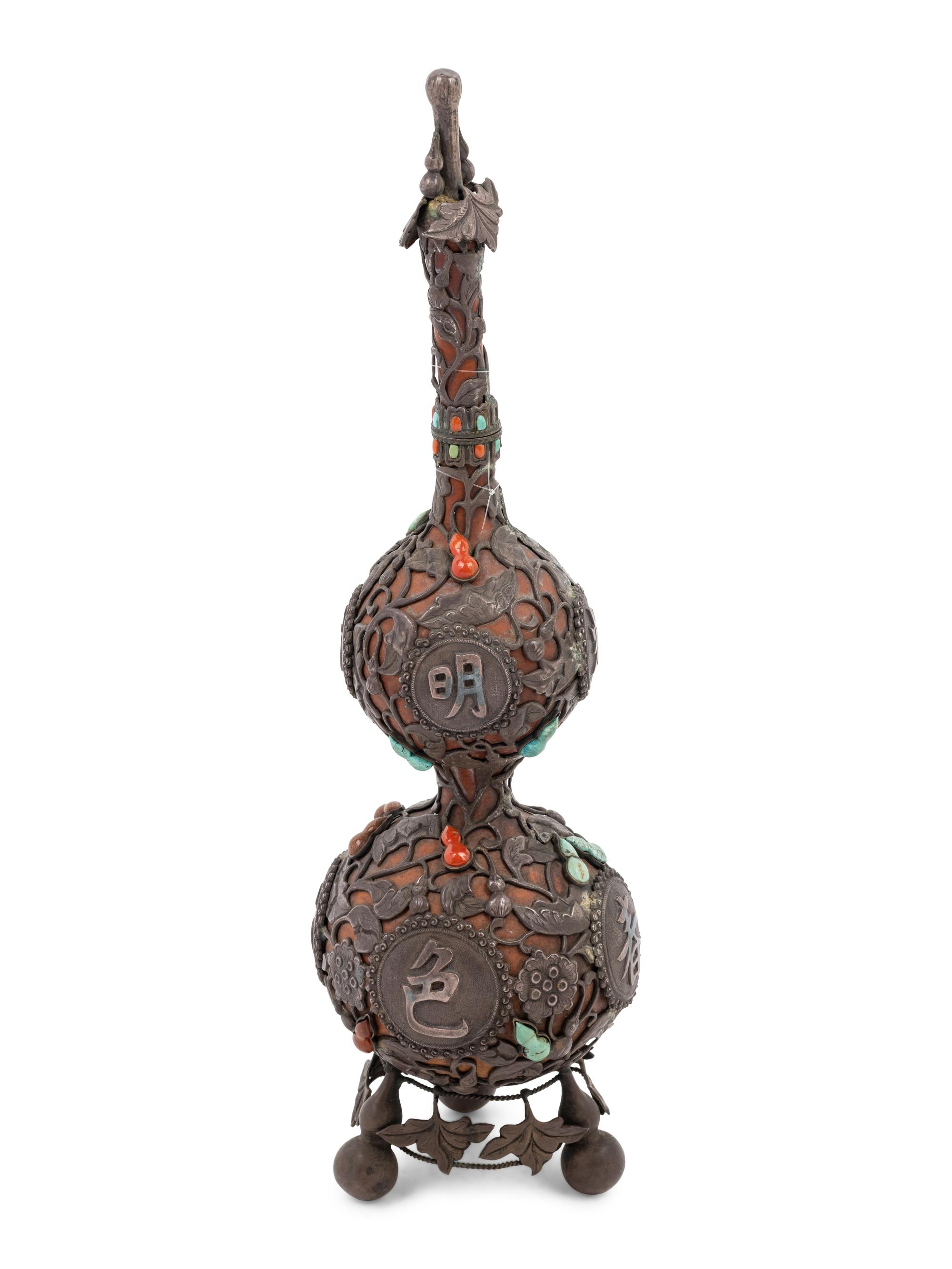 A Chinese Metal and Hardstone Inlaid Double Gourd