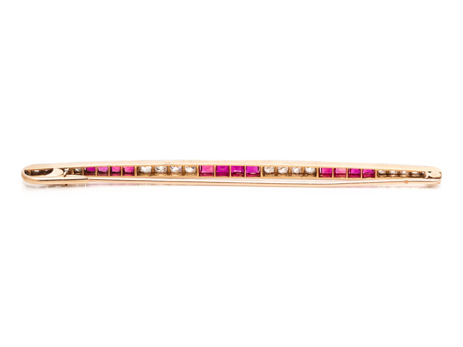 DIAMOND AND SYNTHETIC RUBY BAR BROOCH