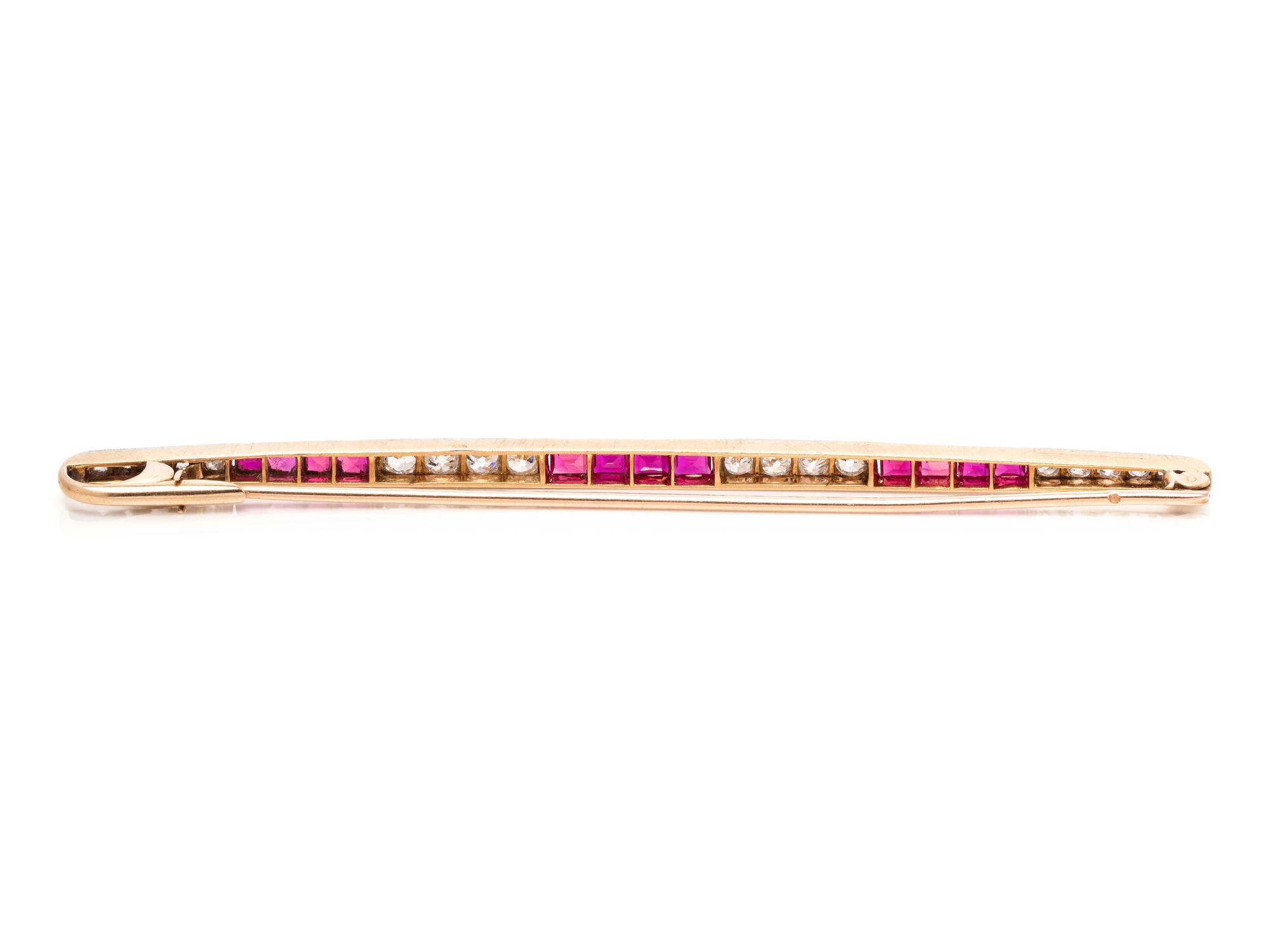 DIAMOND AND SYNTHETIC RUBY BAR BROOCH