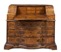 An Austrian Burlwood, Walnut and Parquetry Bureau, Height 41 x width 47 3/4 x depth 23 1/2 inches.