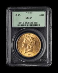 An 1890 Liberty Head $20 Gold Coin (PCGS MS61)