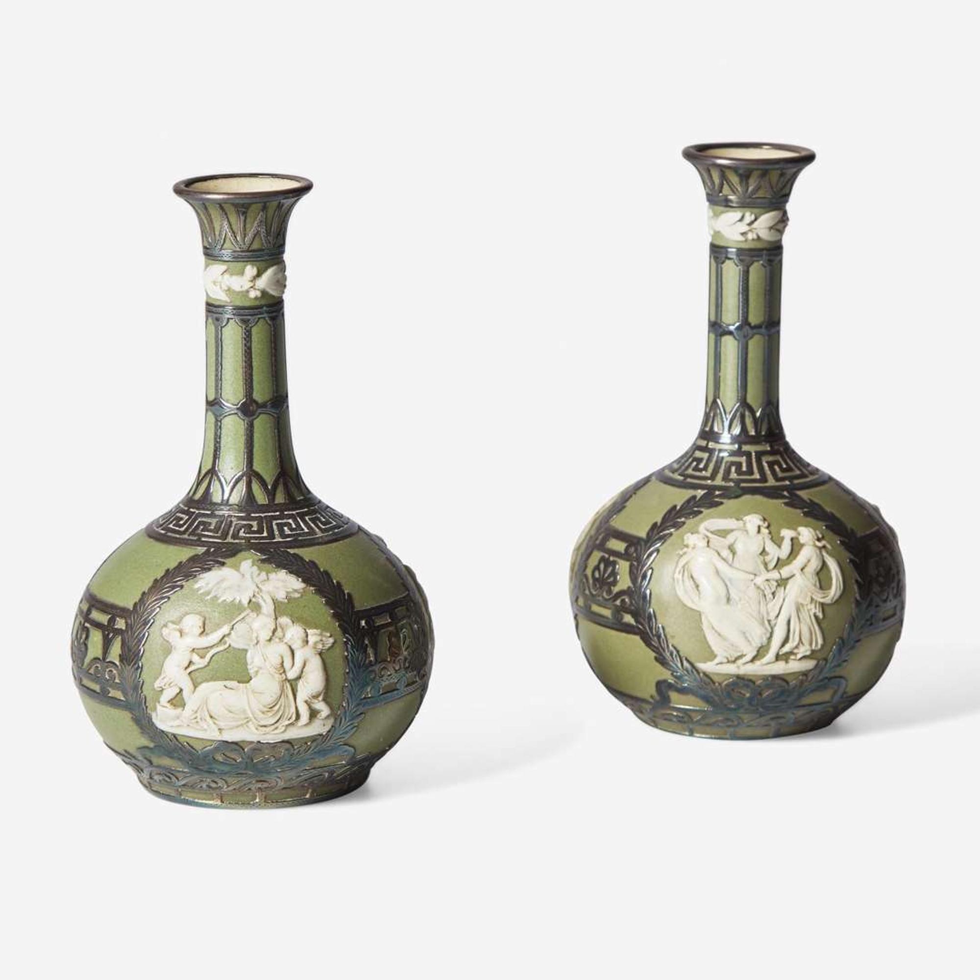 A Pair of Wedgwood Silver Overlay Jasperware Vases UK, circa 1900