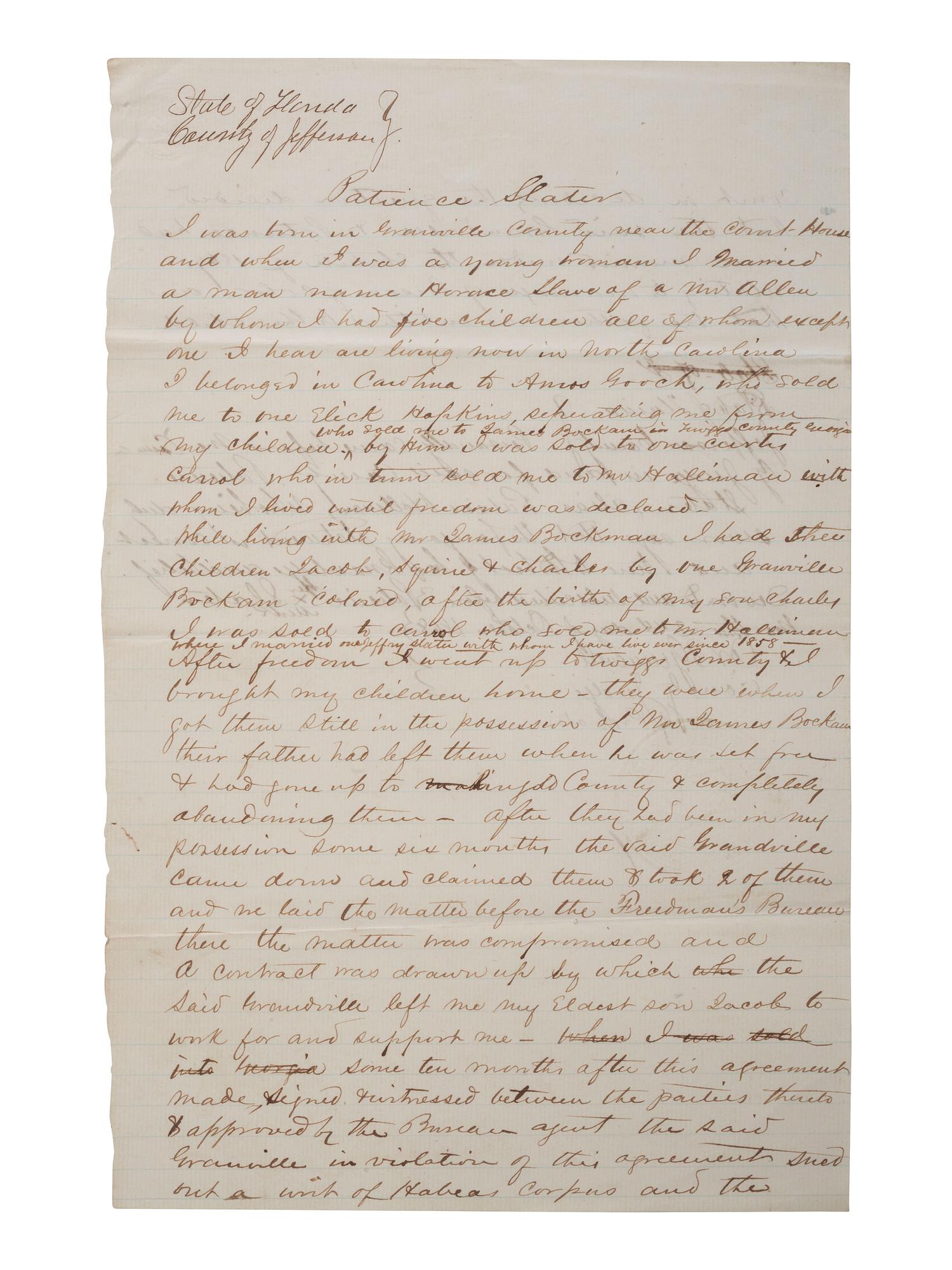 [SLAVERY & ABOLITION]. SLATER, Patience. Document signed by formerly enslaved woman detailing her personal history. Jefferson County, FL, 2 October 1868.