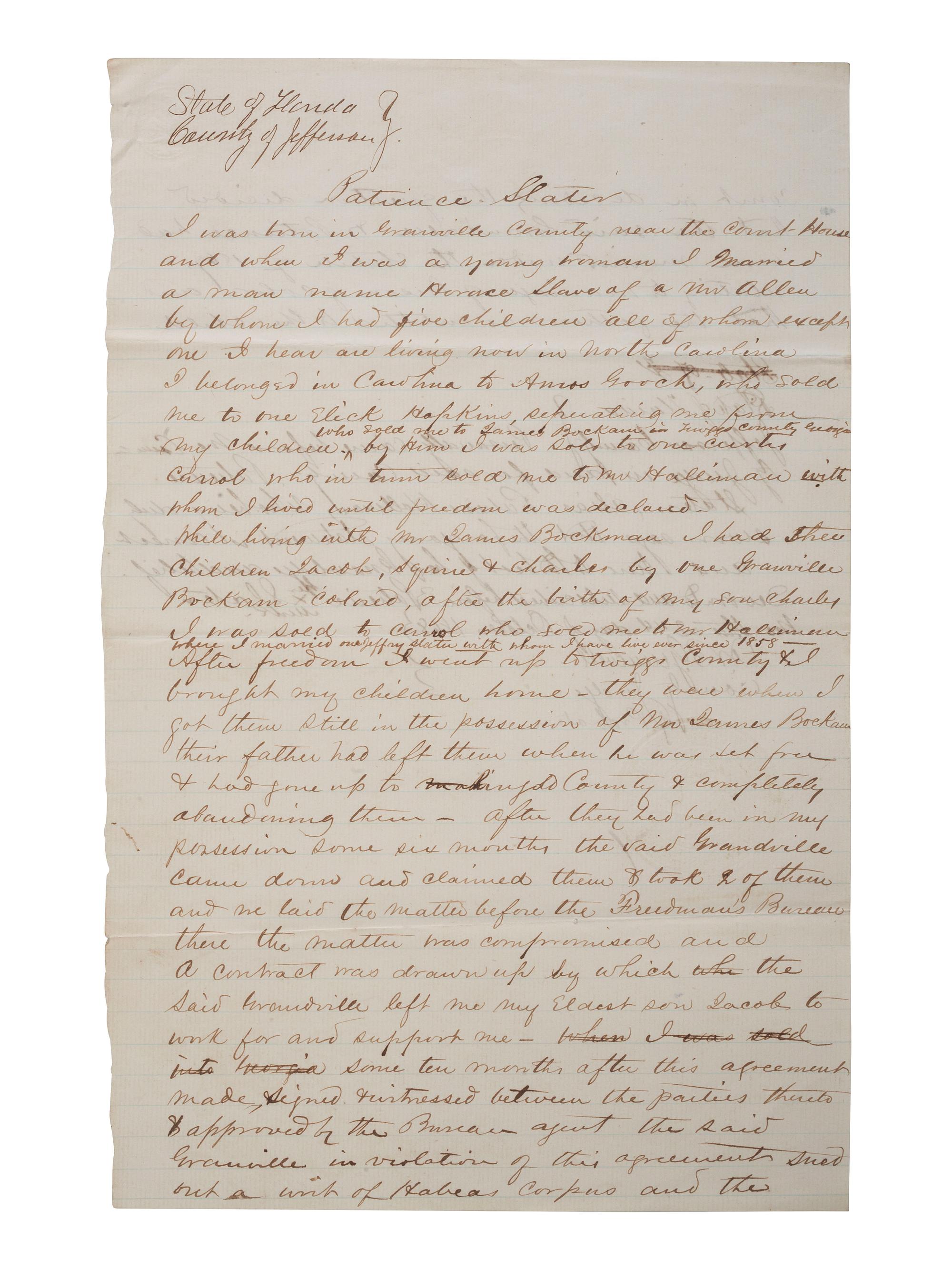 [SLAVERY & ABOLITION]. SLATER, Patience. Document signed by formerly enslaved woman detailing her personal history. Jefferson County, FL, 2 October 1868.