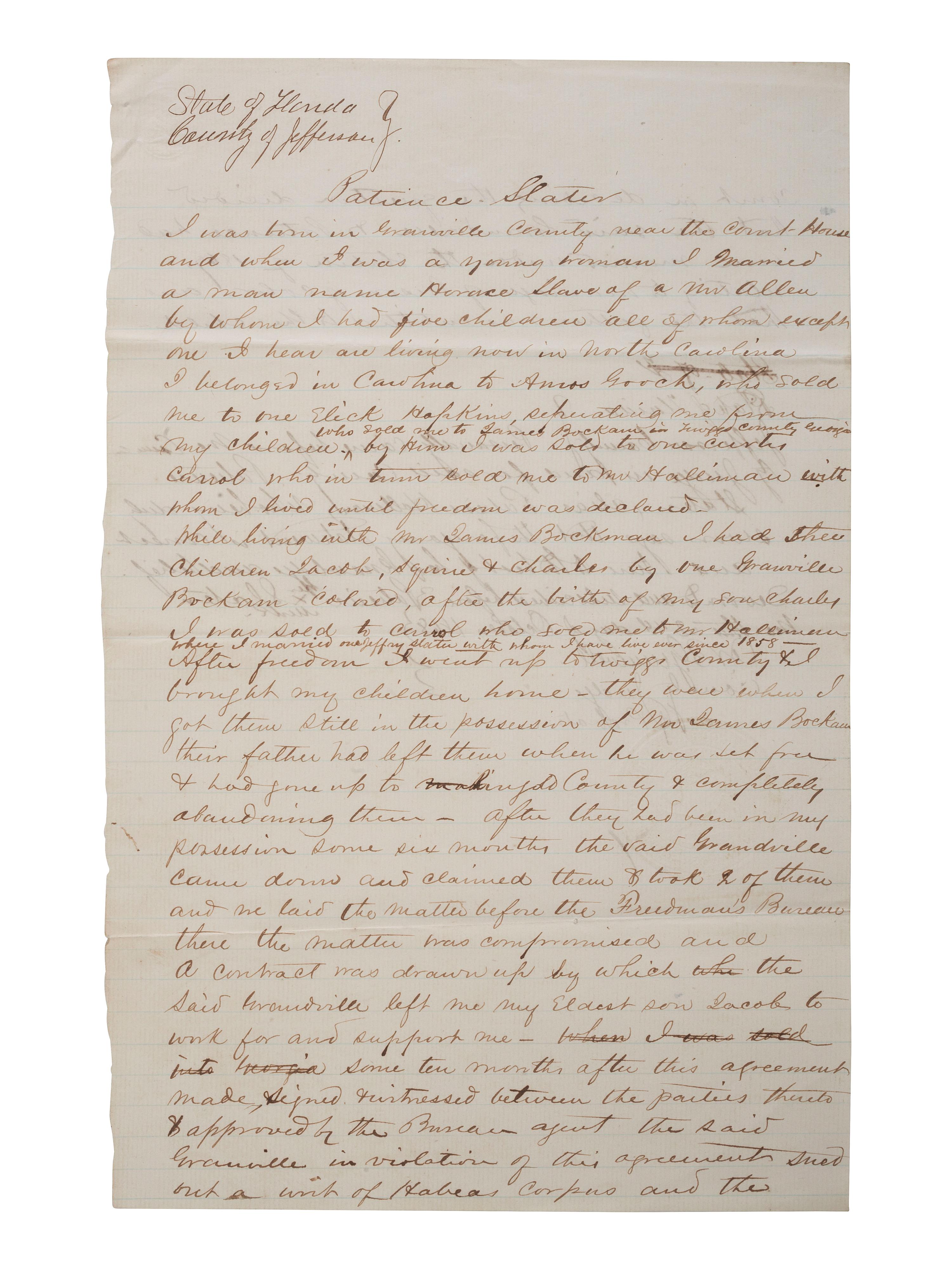 [SLAVERY & ABOLITION]. SLATER, Patience. Document signed by formerly enslaved woman detailing her personal history. Jefferson County, FL, 2 October 1868.