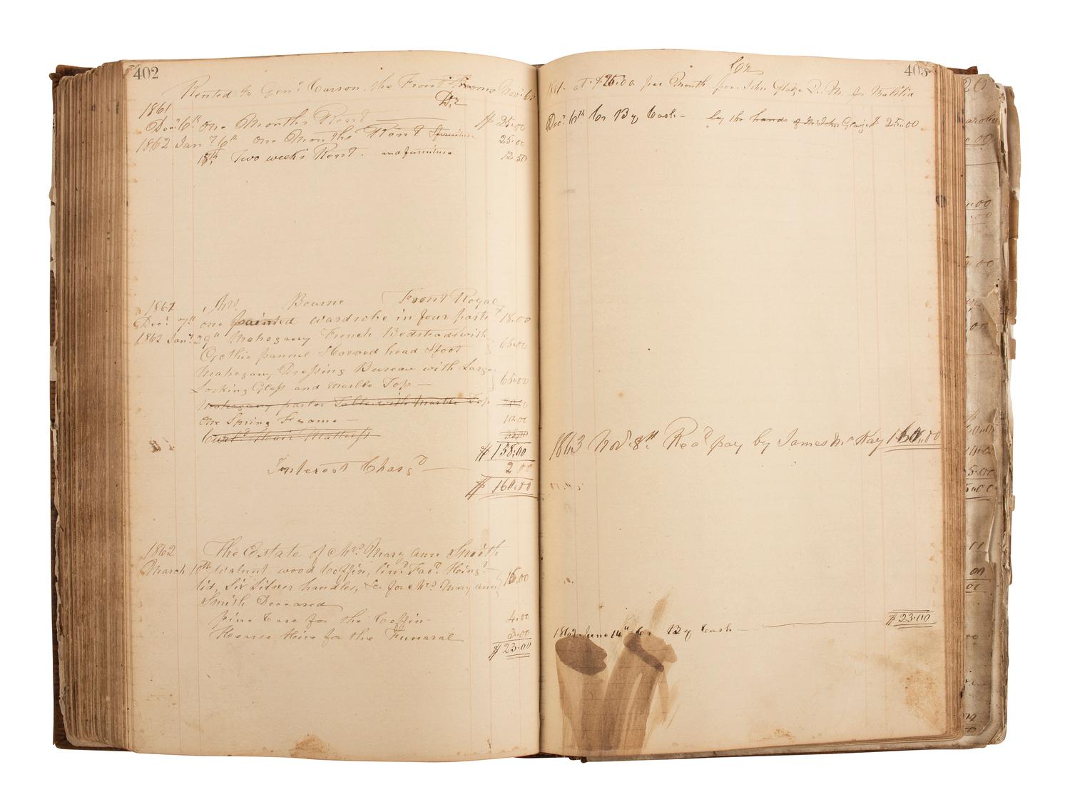 [CIVIL WAR]. Ledger book associated with Winchester, Virginia, cabinet maker John Kerr (1797-1875), documenting coffins built and sold for Union and Confederate soldiers as well as other wartime activity.