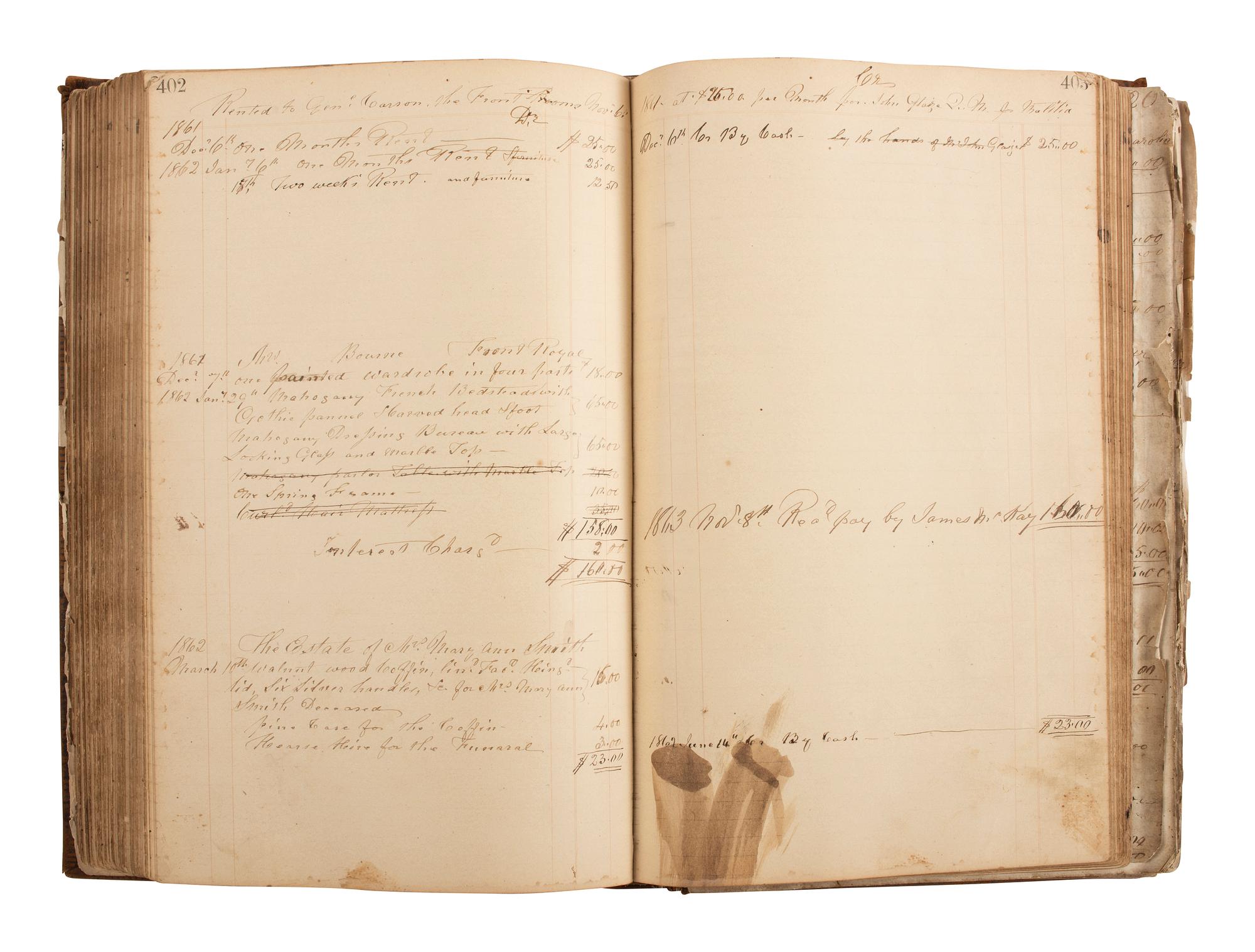 [CIVIL WAR]. Ledger book associated with Winchester, Virginia, cabinet maker John Kerr (1797-1875), documenting coffins built and sold for Union and Confederate soldiers as well as other wartime activity.