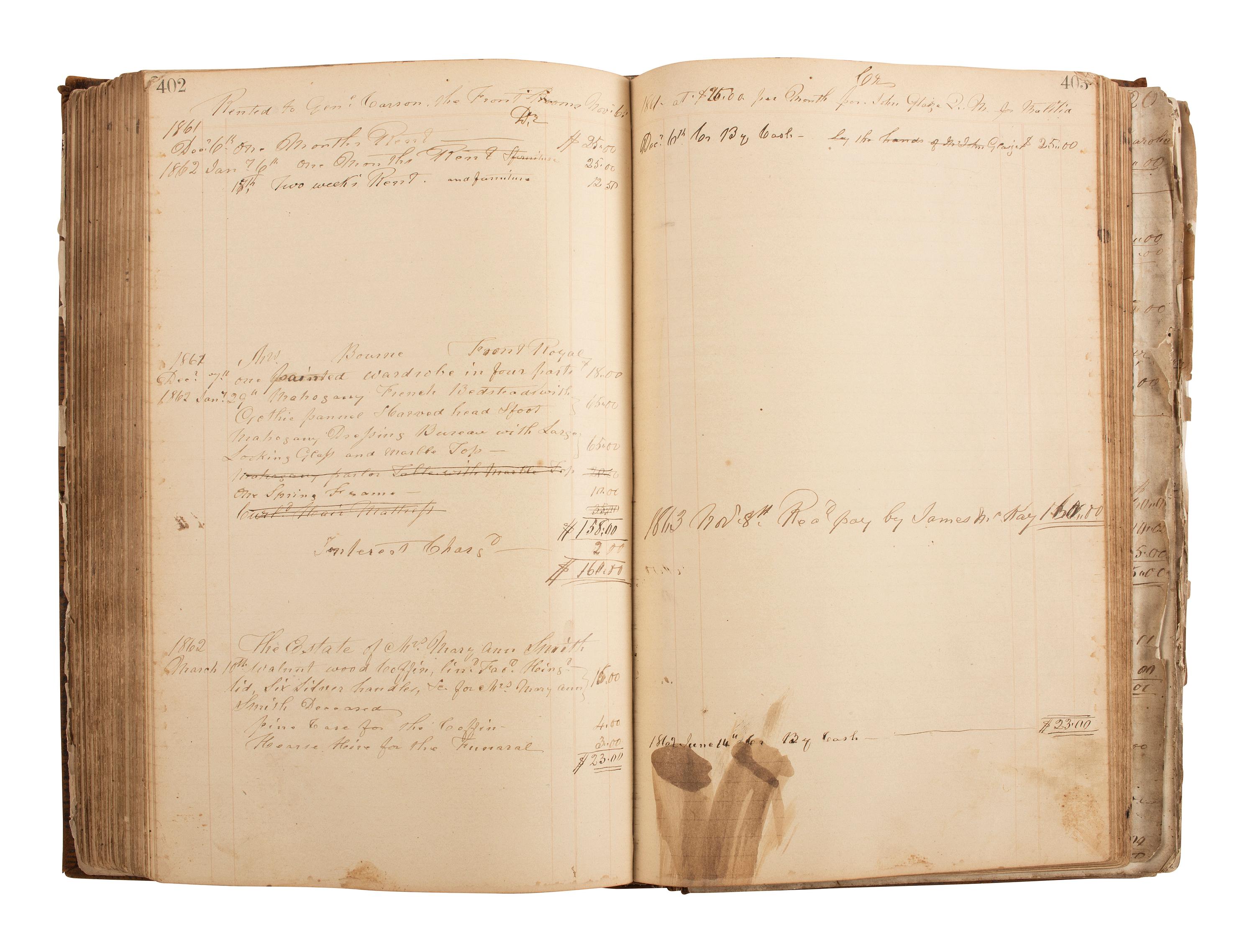 [CIVIL WAR]. Ledger book associated with Winchester, Virginia, cabinet maker John Kerr (1797-1875), documenting coffins built and sold for Union and Confederate soldiers as well as other wartime activity.