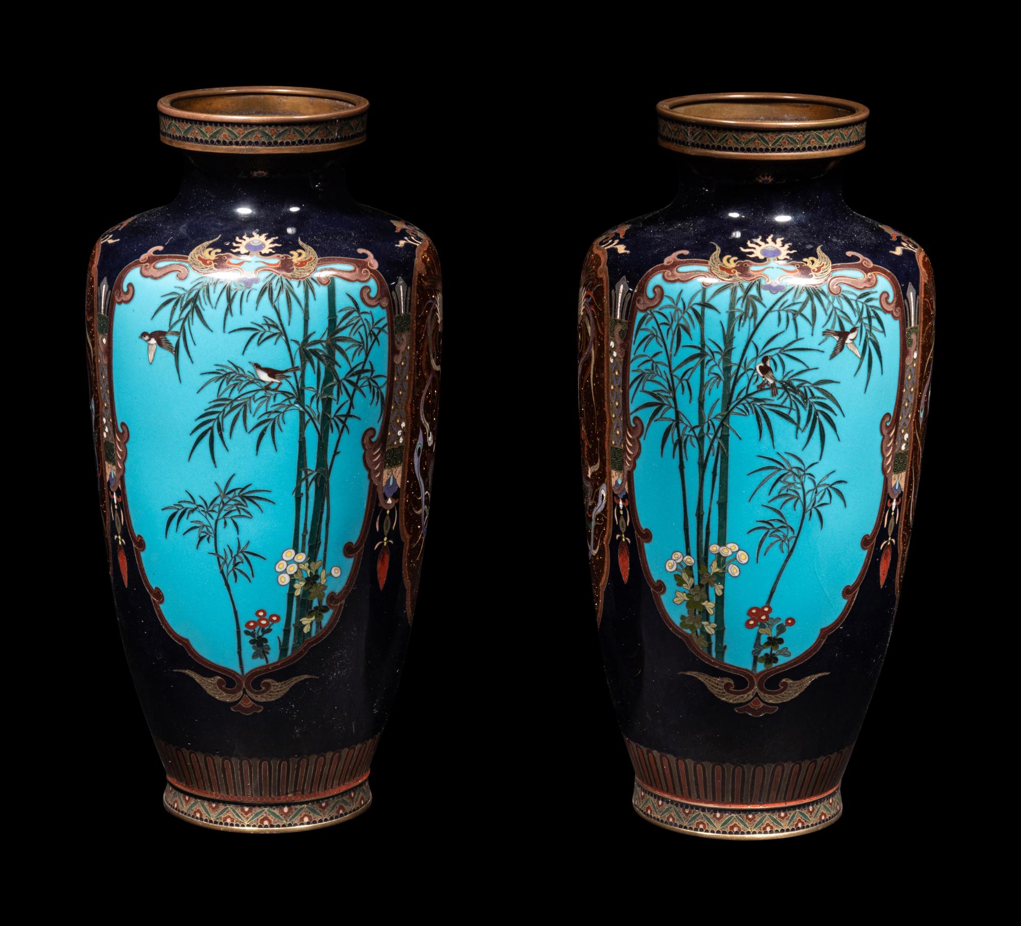 A Pair of Midnight Blue Ground Cloisonné Vases