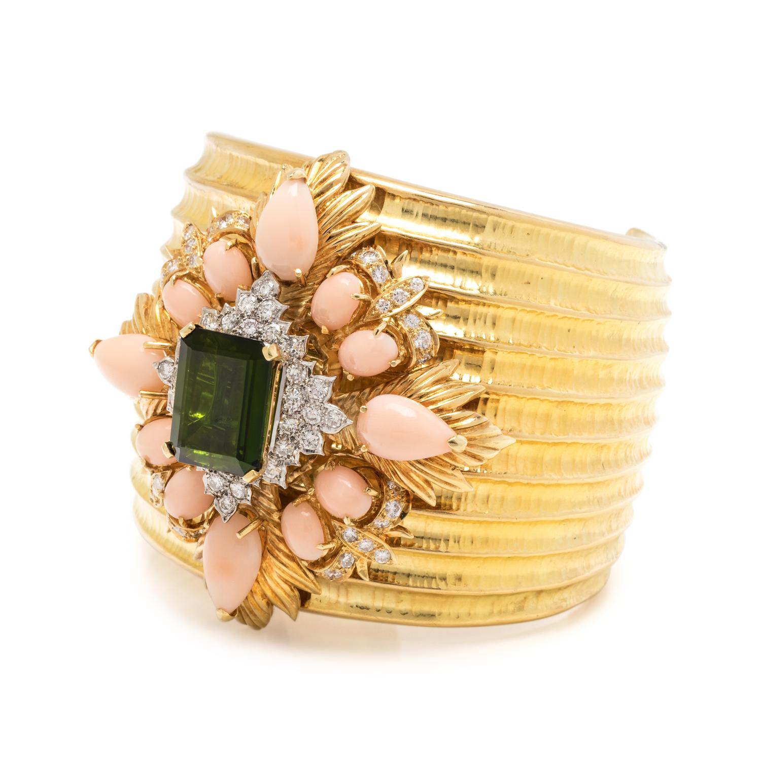 YELLOW GOLD, DIAMOND, GREEN TOURMALINE AND CORAL CUFF BRACELET