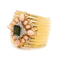 YELLOW GOLD, DIAMOND, GREEN TOURMALINE AND CORAL CUFF BRACELET