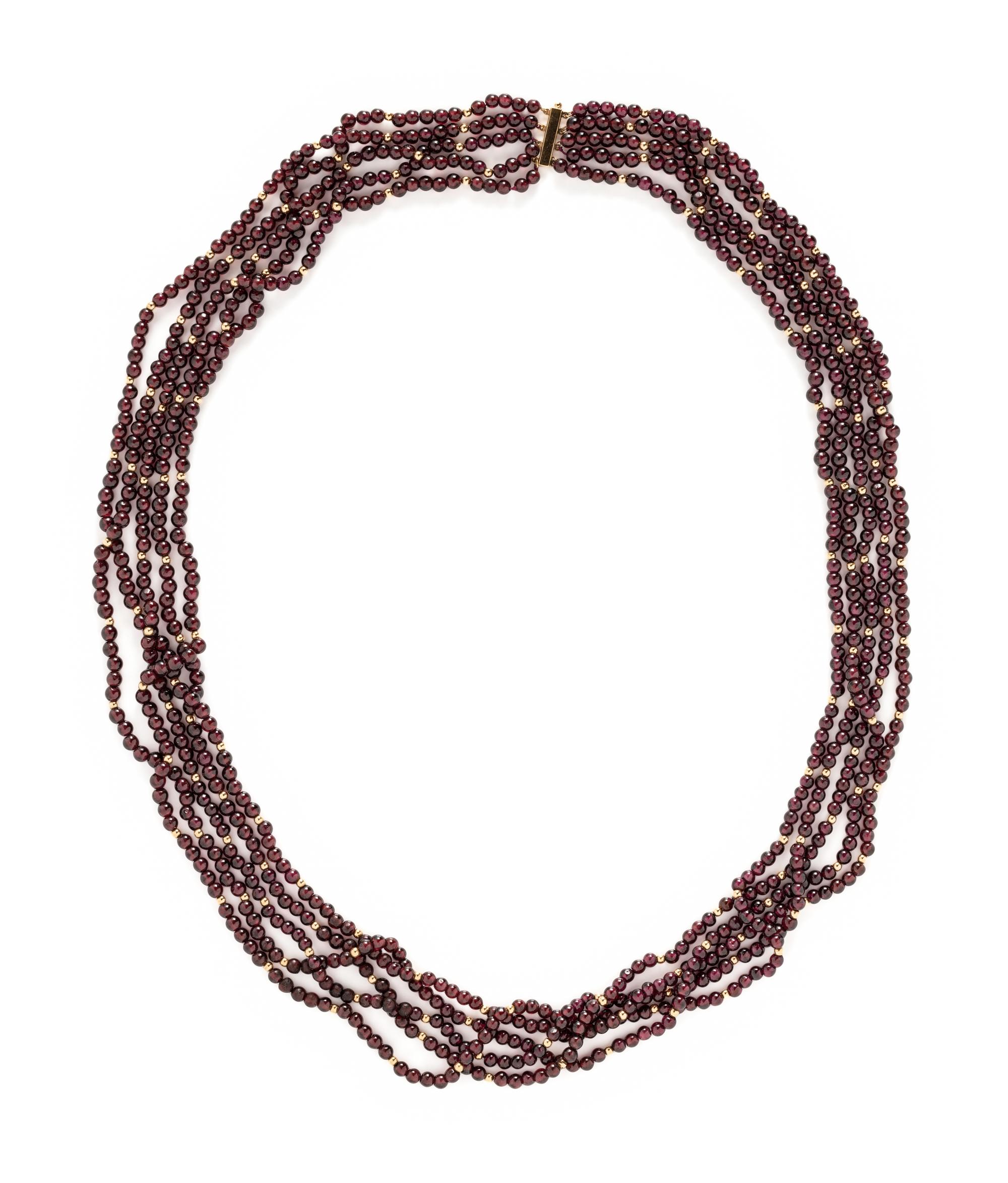 YELLOW GOLD AND MULTISTRAND GARNET BEAD NECKLACE