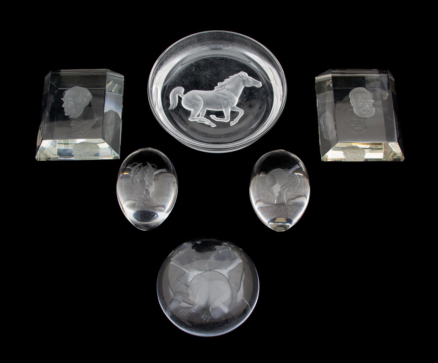 Six Pieces of Intaglio Glass Diameter of largest 5 1/4 inches. — 20TH CENTURY