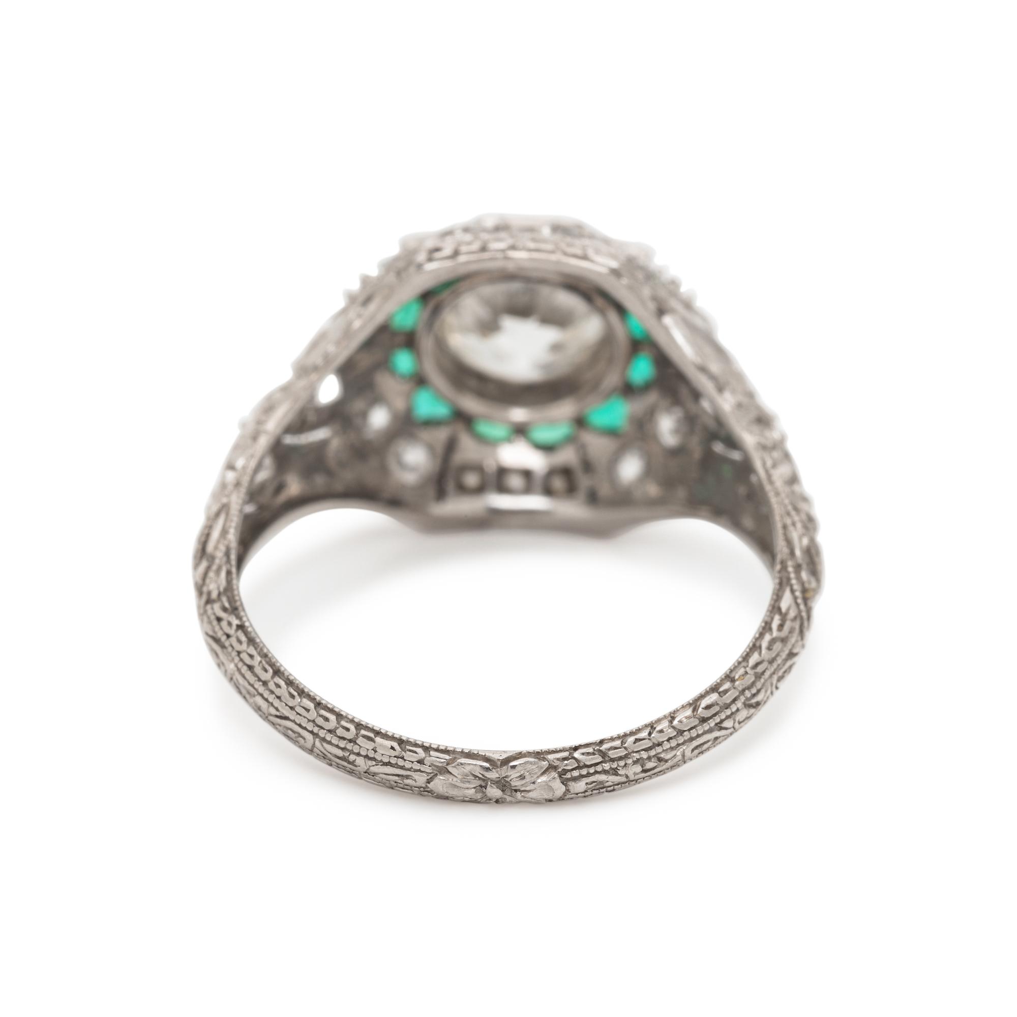 ART DECO, PLATINUM, DIAMOND AND EMERALD RING