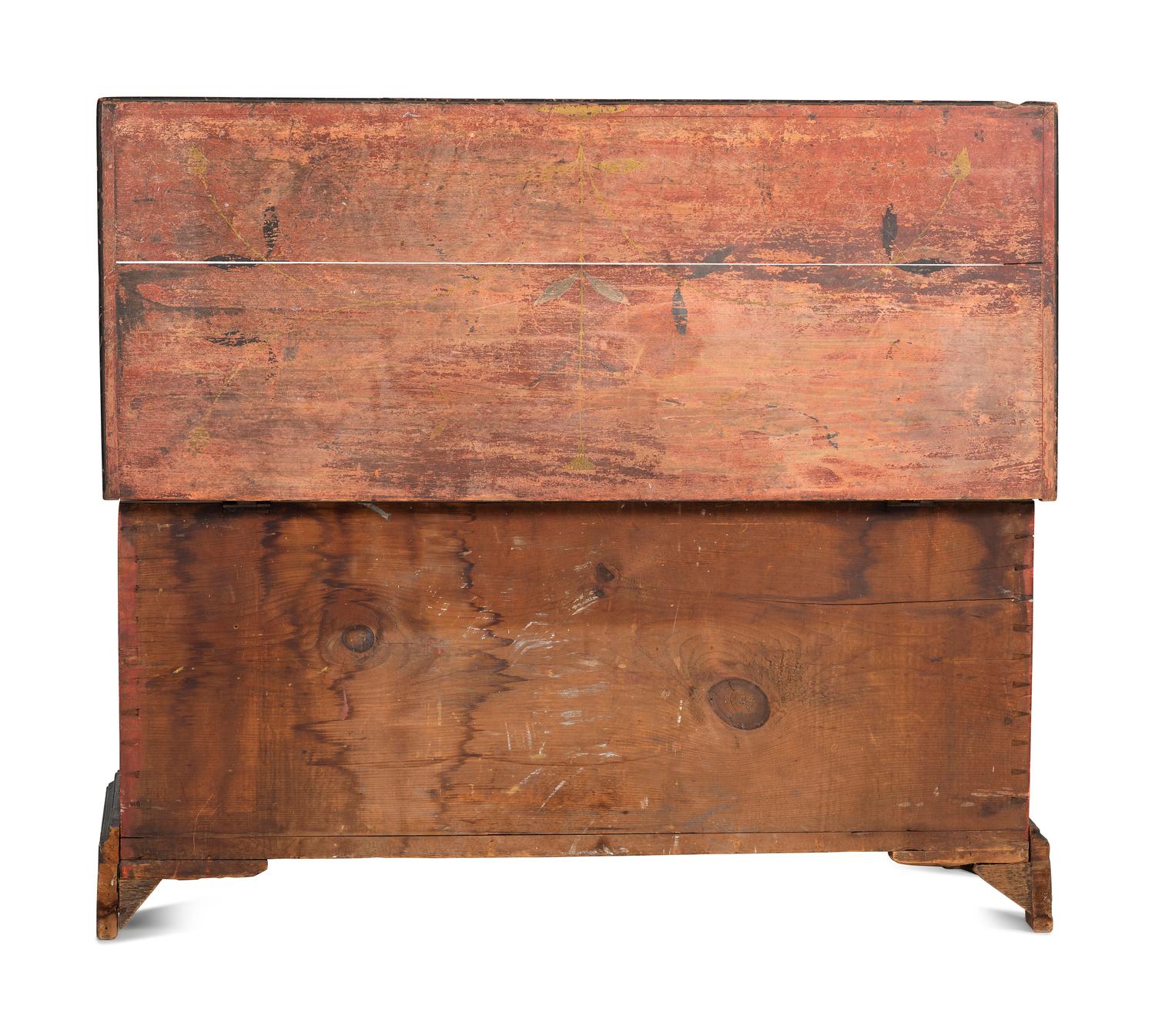 A Chippendale Red and Polychrome Paint-Decorated Poplar and Pine Blanket Chest