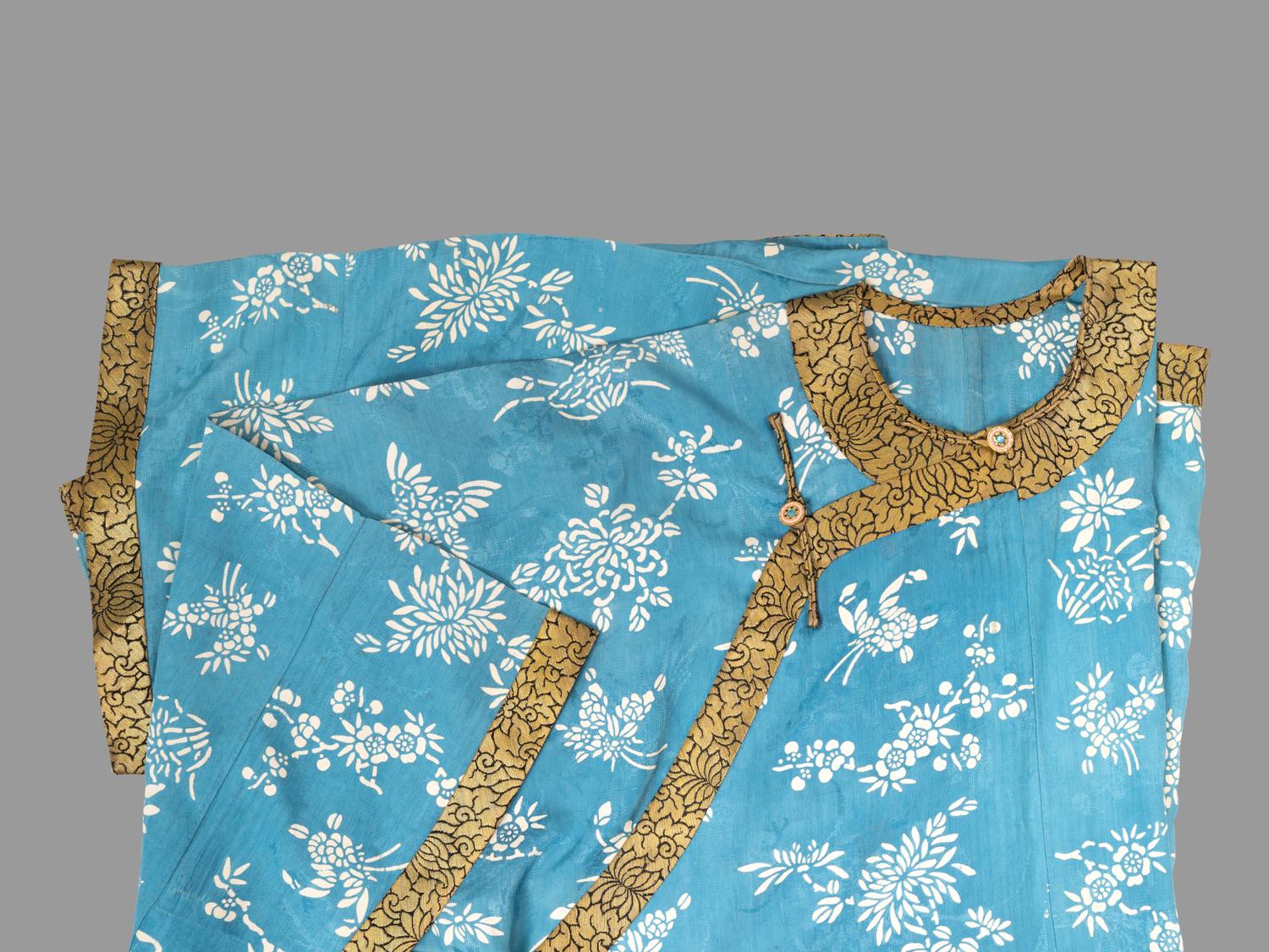 A Chinese Blue Ground Woven Silk Lady's Robe