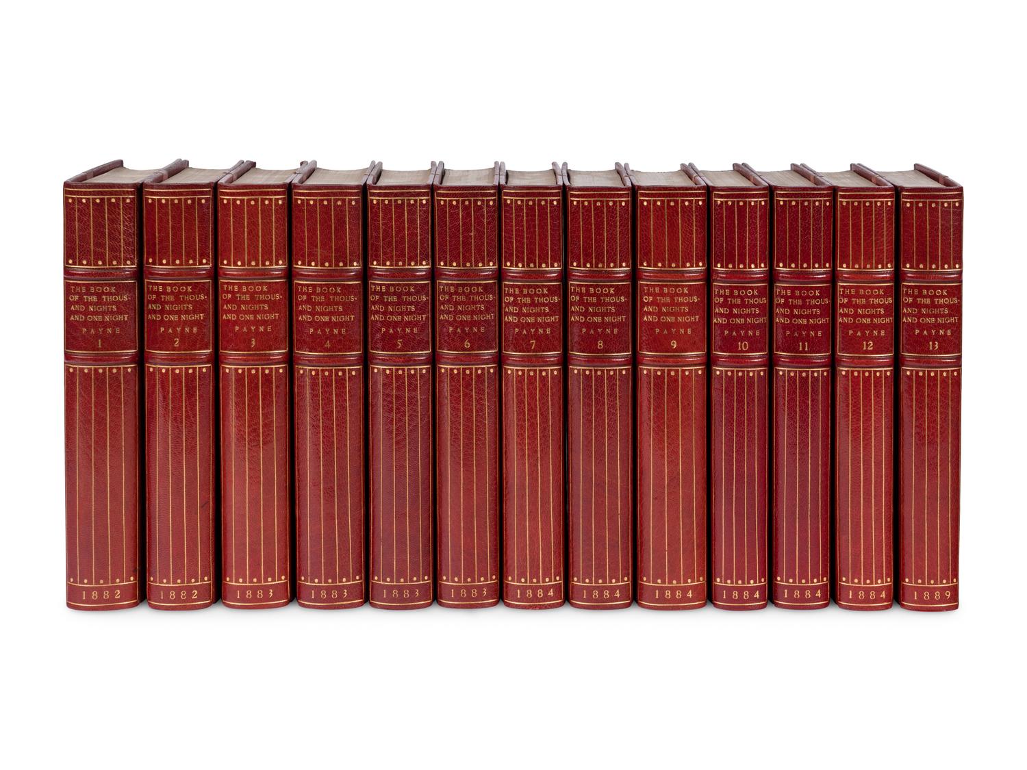 [BINDINGS]. PAYNE, John (1842-1916), translator. The Book of the Thousand Nights and One Night... [And:] Tales from the Arabic. [And:] Alaeddin and the Enchanted Lamp. London: for the Villon Society, 1882-1889.