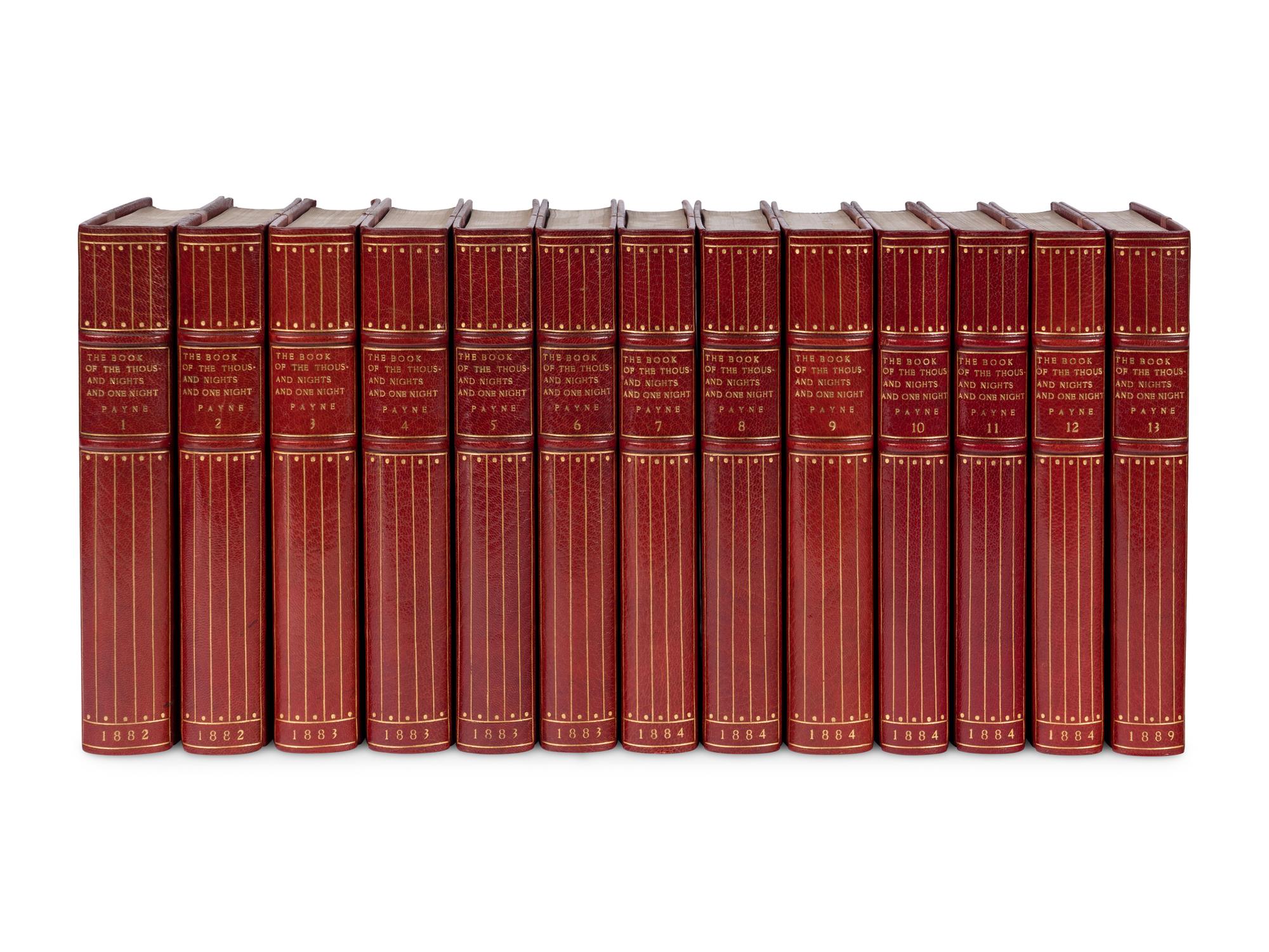 [BINDINGS]. PAYNE, John (1842-1916), translator. The Book of the Thousand Nights and One Night... [And:] Tales from the Arabic. [And:] Alaeddin and the Enchanted Lamp. London: for the Villon Society, 1882-1889.