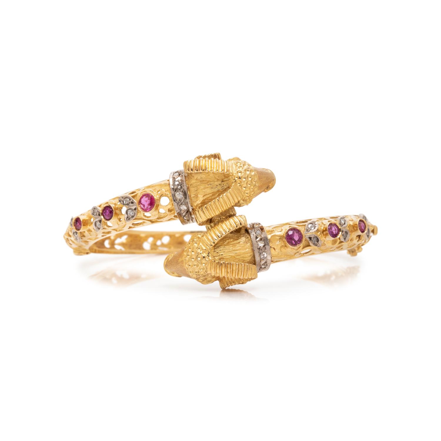 HIGH KARAT YELLOW GOLD, DIAMOND AND RUBY RAMS HEAD BRACELET