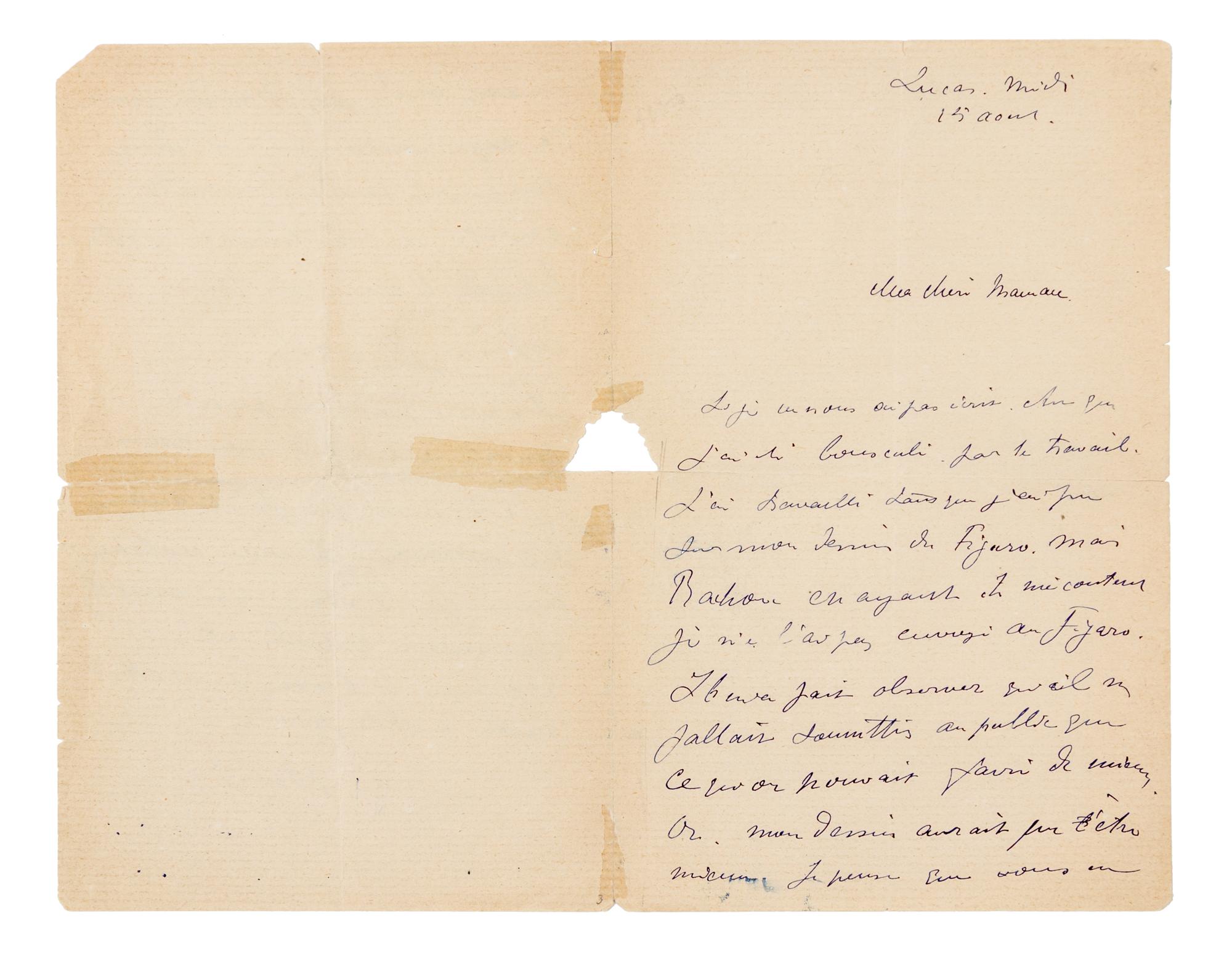 TOULOUSE-LAUTREC, Henri de. Autographed letter signed ("Henri"), in French, to his mother, Lucas [a restaurant], 15 August, no year.