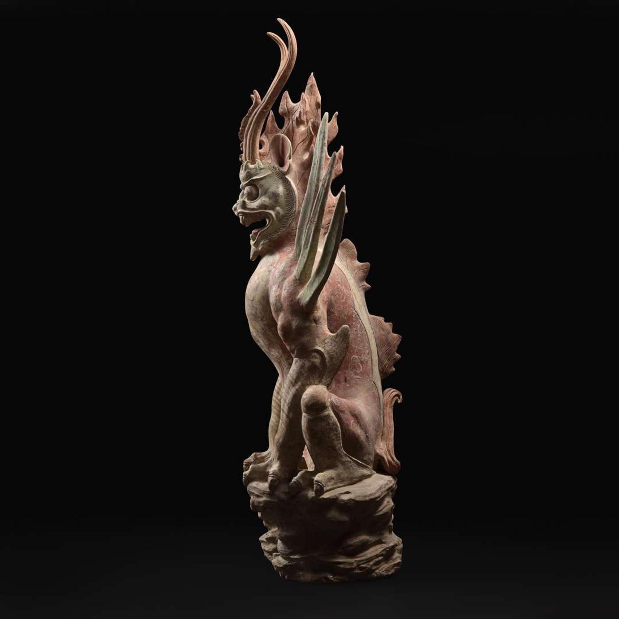 An impressive pair of large painted pottery "Earth Spirits" 镇墓兽一对 Tang dynasty ?