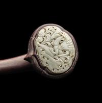 A Chinese Celadon Jade Inset Hardwood Ruyi Scepter