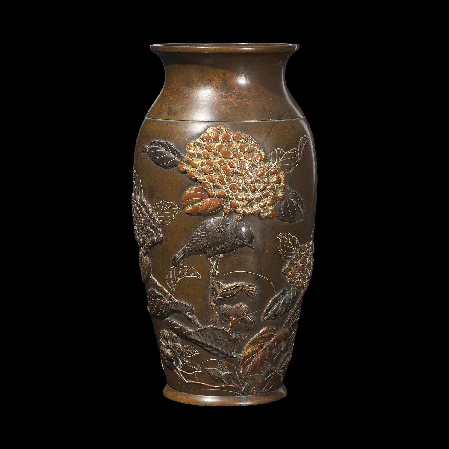 A Japanese Mixed Metal and Patinated Bronze Bird and Flowers Vase, Meiji Period