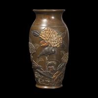A Japanese Mixed Metal and Patinated Bronze Bird and Flowers Vase, Meiji Period