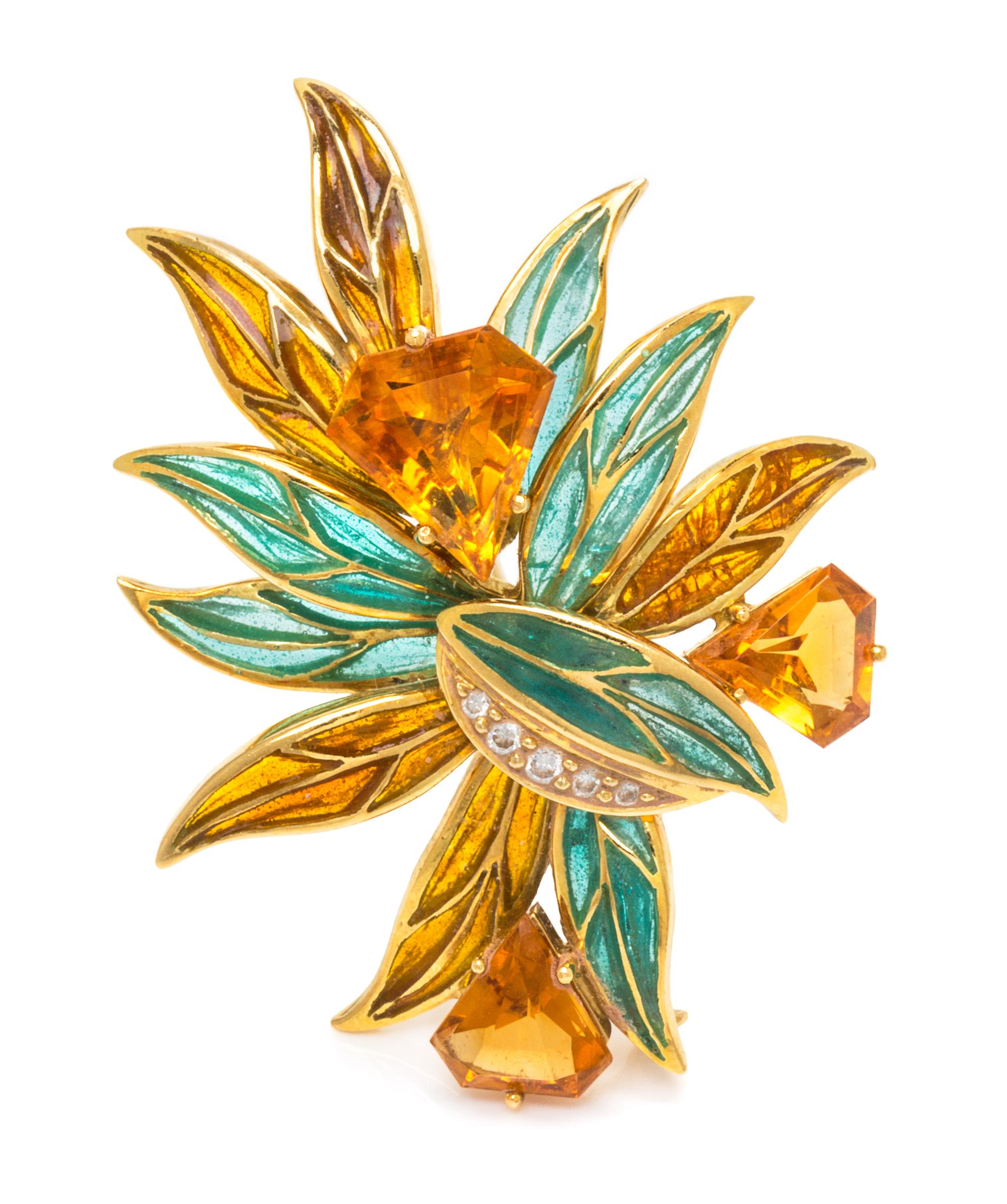 An 18 Karat Yellow Gold, Citrine and Plique-a-Jour Brooch, 11.40 dwts