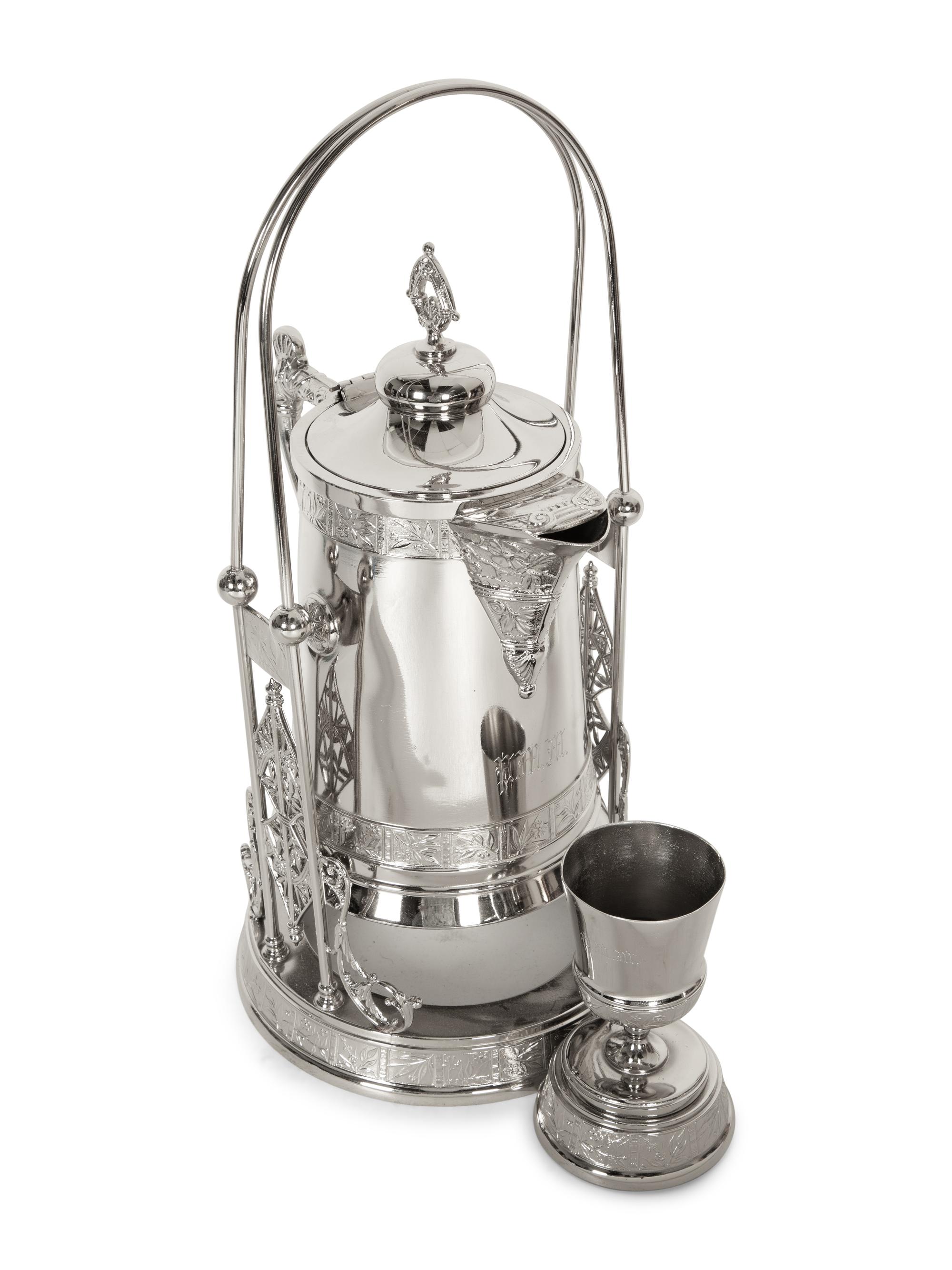 A Victorian Style Silver-Plated Tilting Pitcher and Goblet on Stand