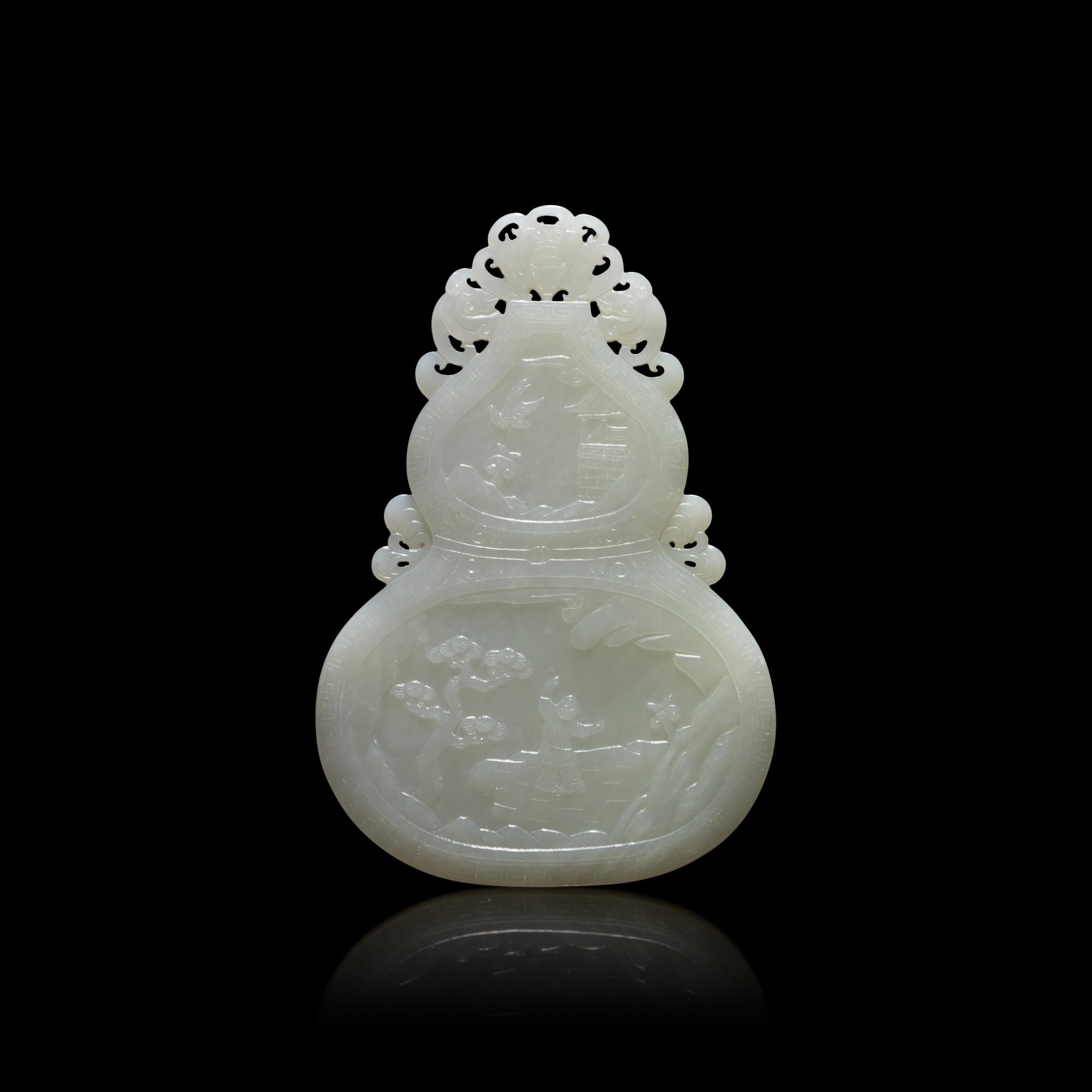 A Chinese White Jade Double Gourd Form Plaque 白玉雙面童子圖葫蘆牌