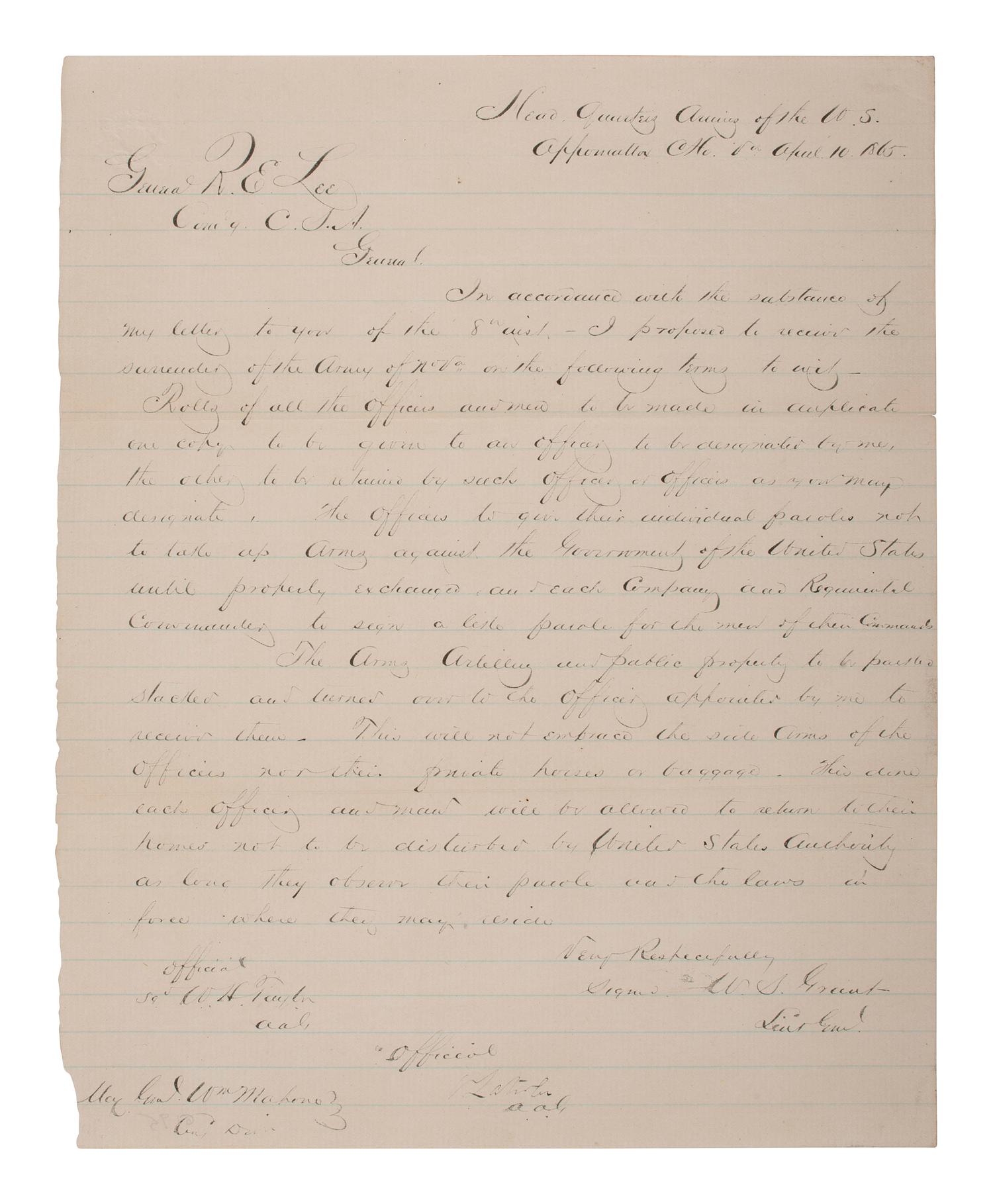 [CIVIL WAR]. Period manuscript copy of Gen. Grant's terms of surrender to Gen. Lee at Appomattox.