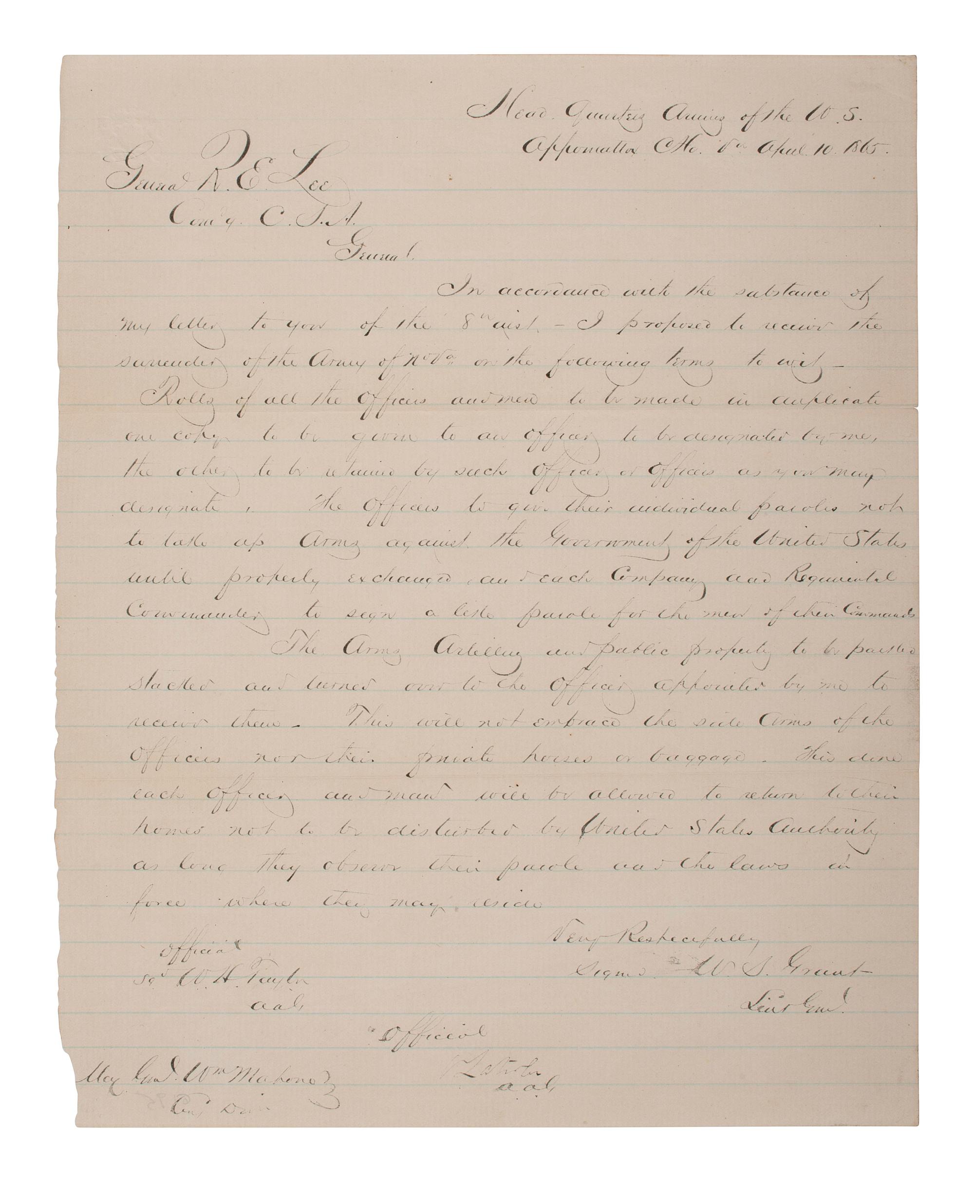 [CIVIL WAR]. Period manuscript copy of Gen. Grant's terms of surrender to Gen. Lee at Appomattox.