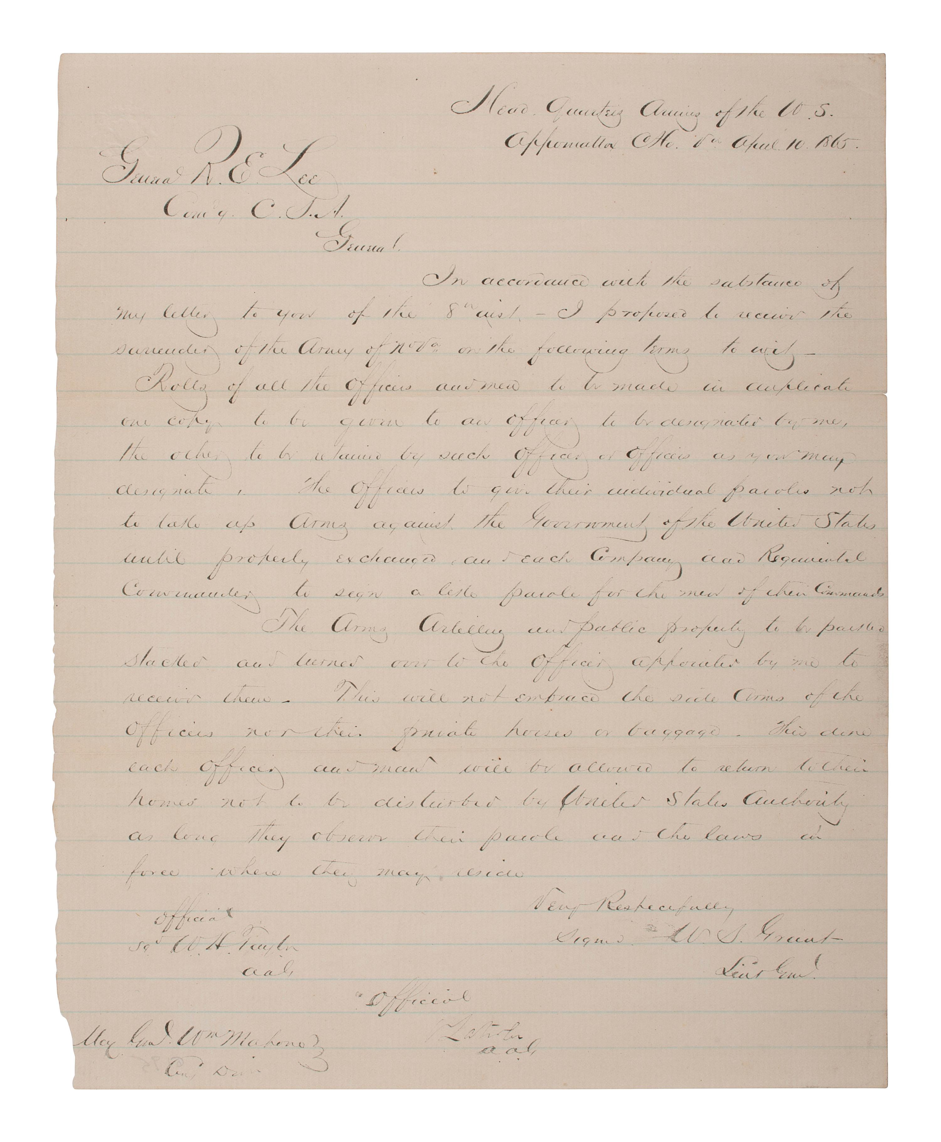 [CIVIL WAR]. Period manuscript copy of Gen. Grant's terms of surrender to Gen. Lee at Appomattox.