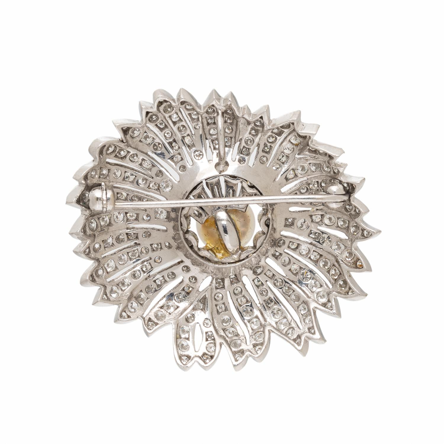 Diamond, Cultured Pearl, and Platinum Pendant Brooch