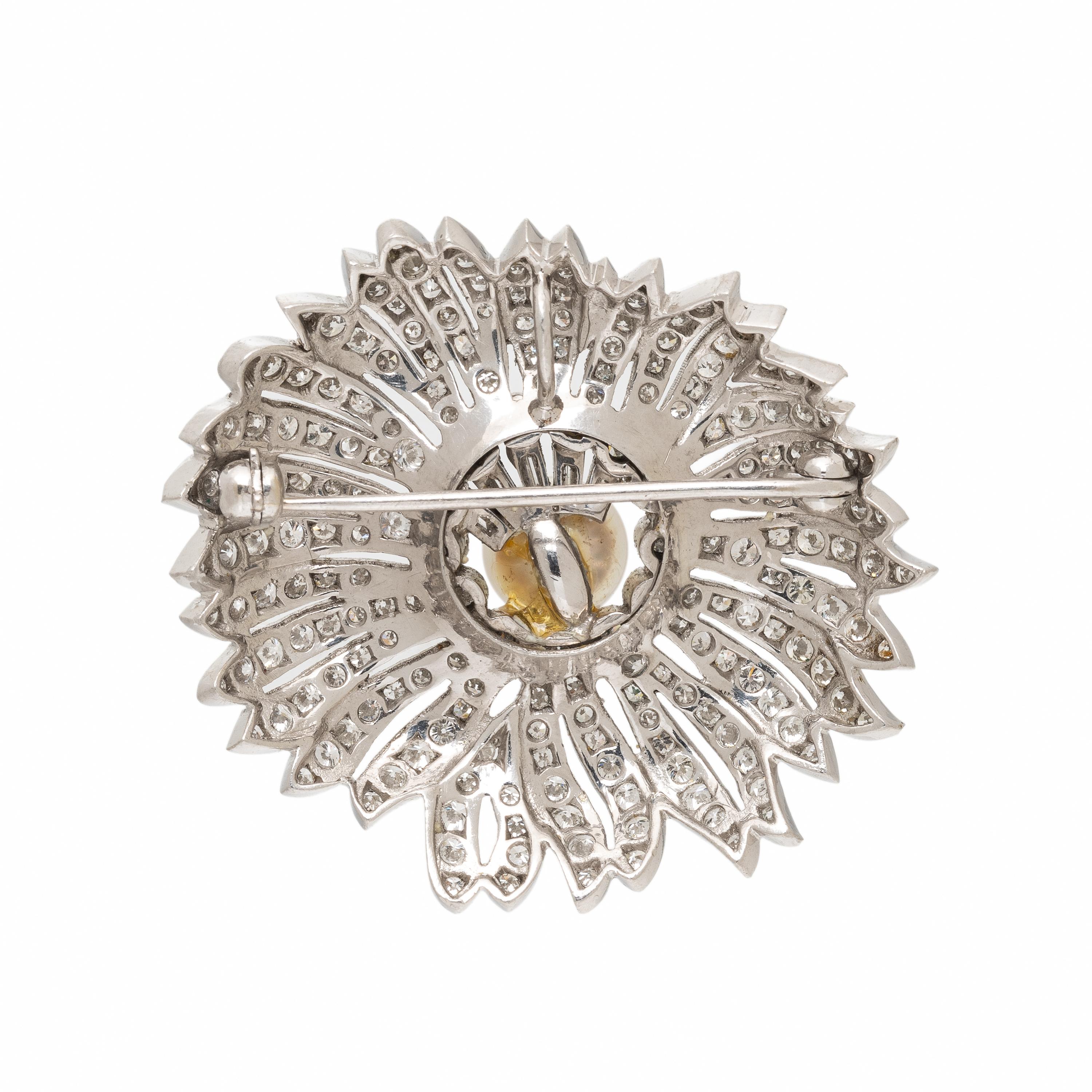 Diamond, Cultured Pearl, and Platinum Pendant Brooch
