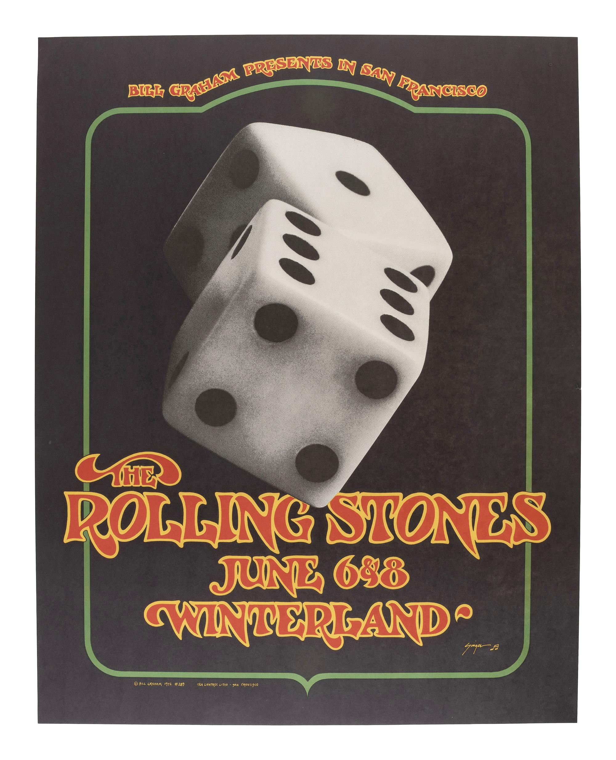 [MUSIC] -- [POSTERS]. A group of 3 posters promoting Rolling Stones concerts, incl. "Tumbling Dice" poster from their 1972 show at Winterland and a poster from their 1981 performance at Candlestick Park.