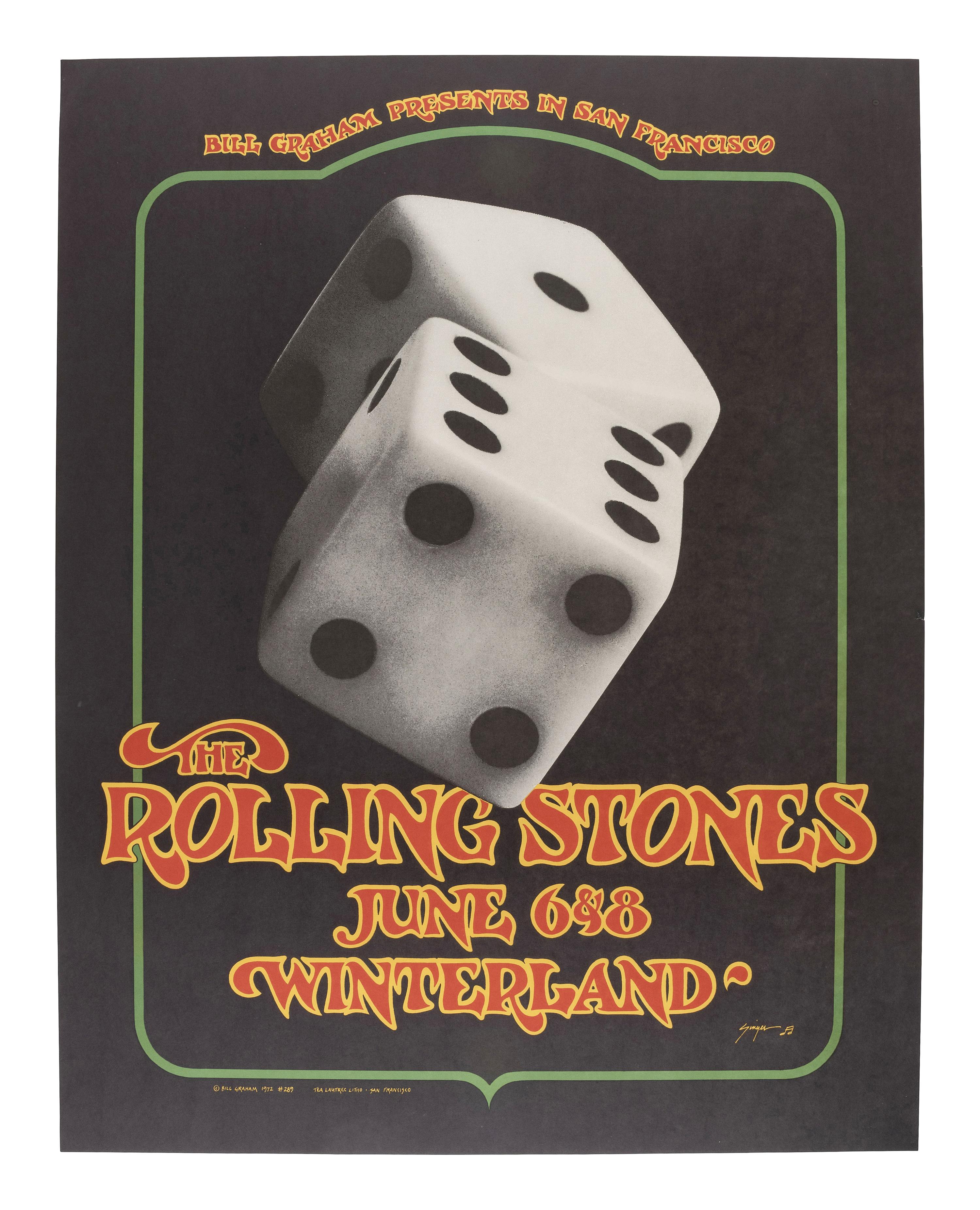 [MUSIC] -- [POSTERS]. A group of 3 posters promoting Rolling Stones concerts, incl. "Tumbling Dice" poster from their 1972 show at Winterland and a poster from their 1981 performance at Candlestick Park.