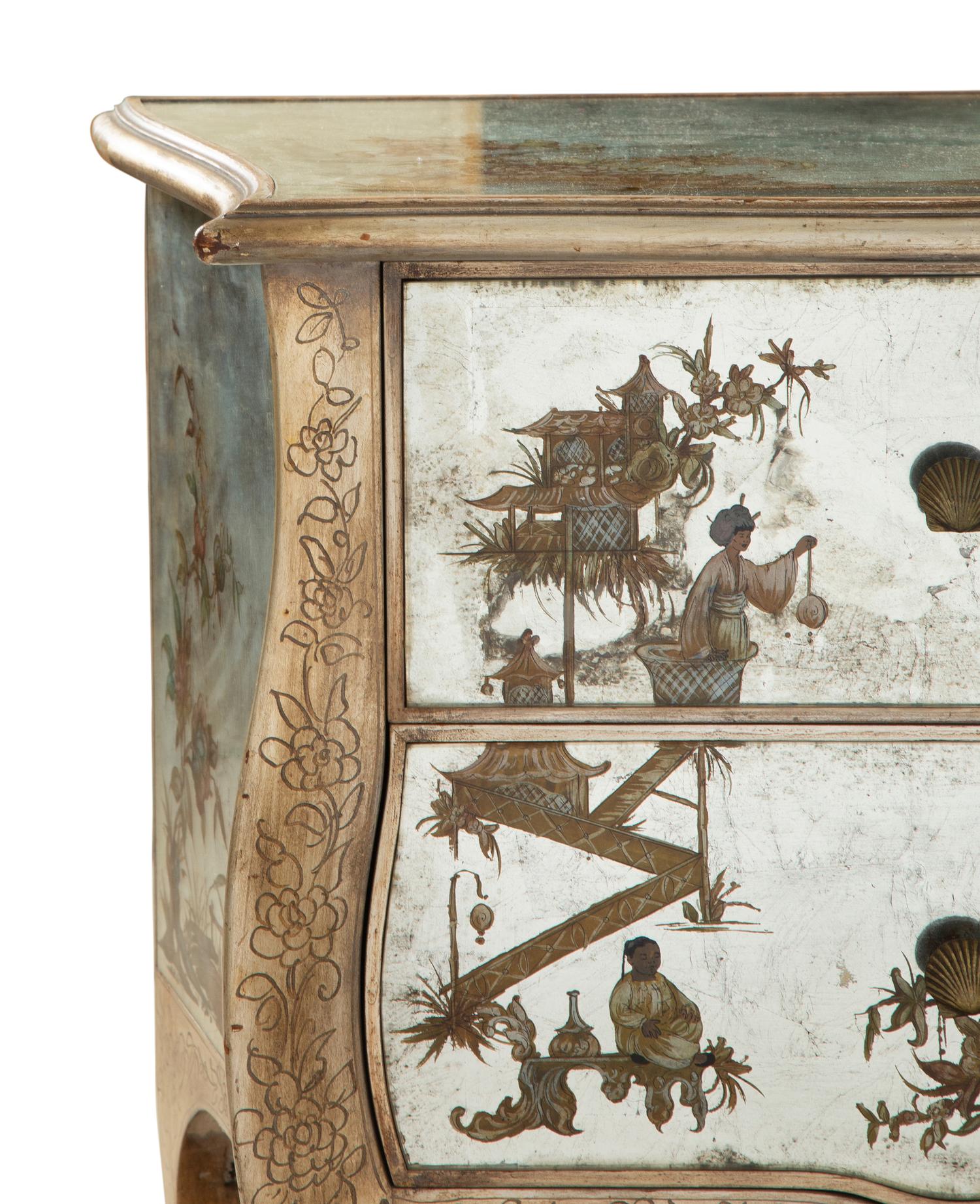 A Reverse Painted and Silver-Leafed Glass Veneered Commode