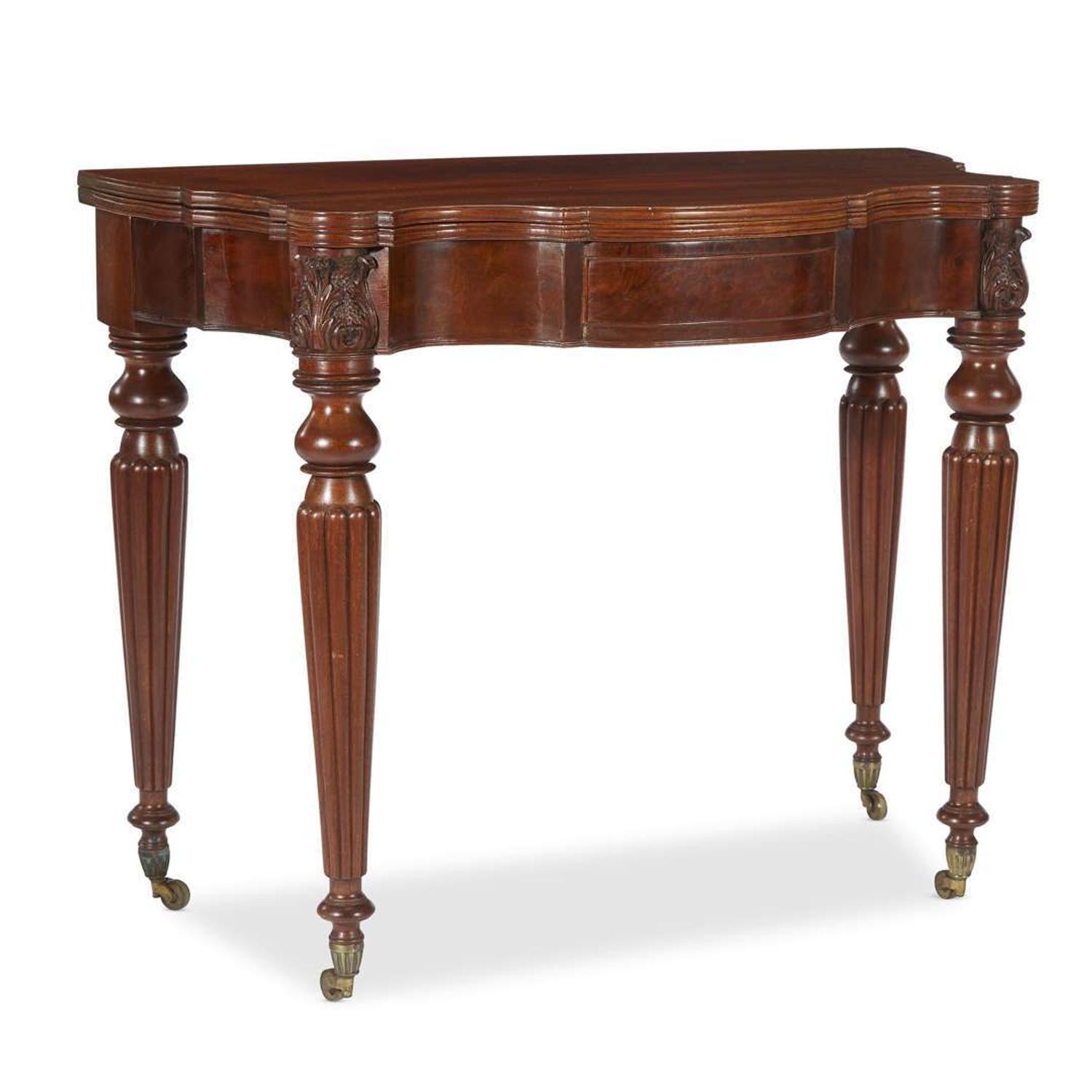 Classical carved figured mahogany card table in the manner of Samuel McIntire, Salem, MA, circa 1820