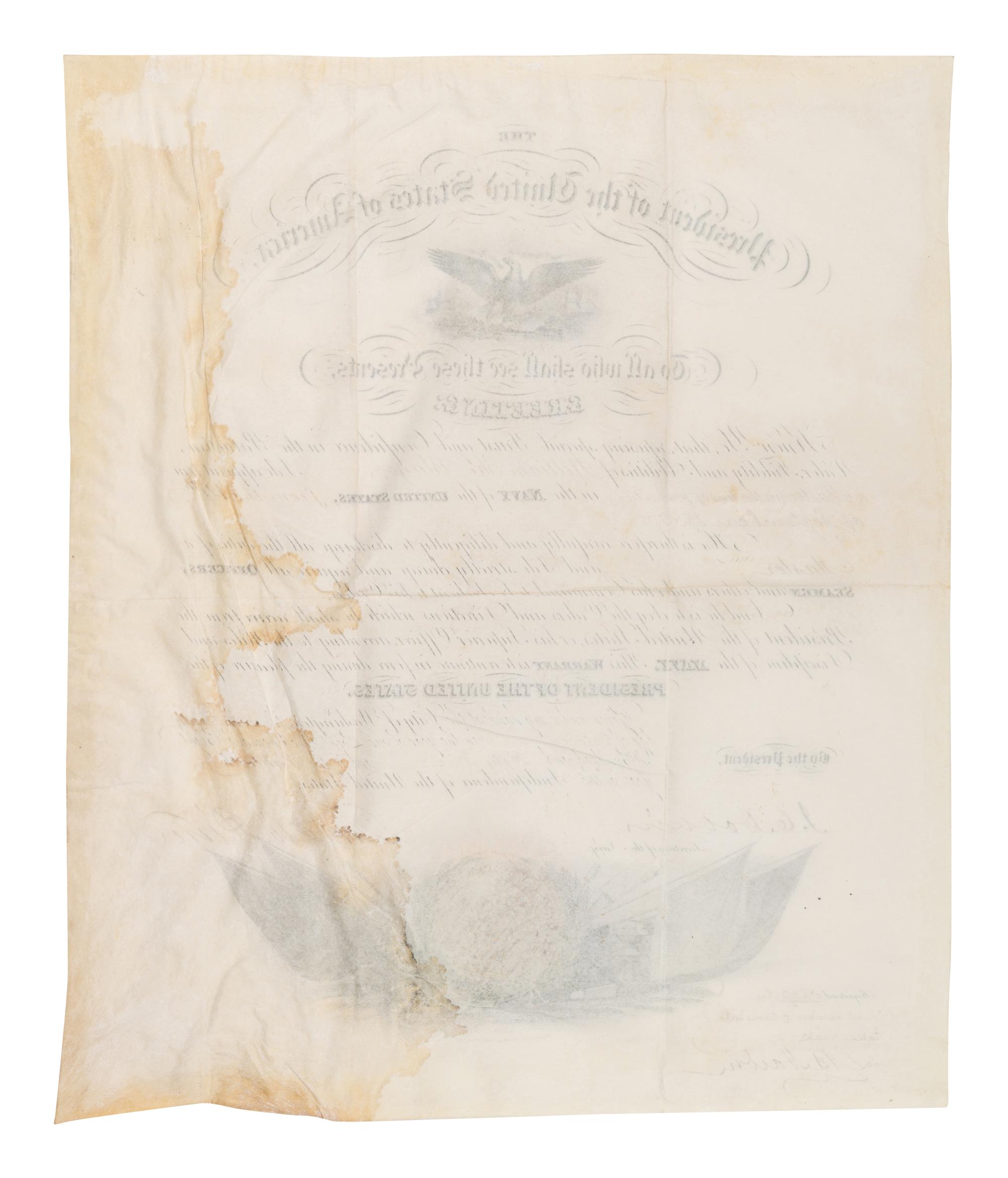 PIERCE, Franklin (1804-1869). Engraved document signed ("Franklin Pierce"), as President, Washington, D. C., 17 October 1855, countersigned by James C. Dobbin, Secretary of the Navy.
