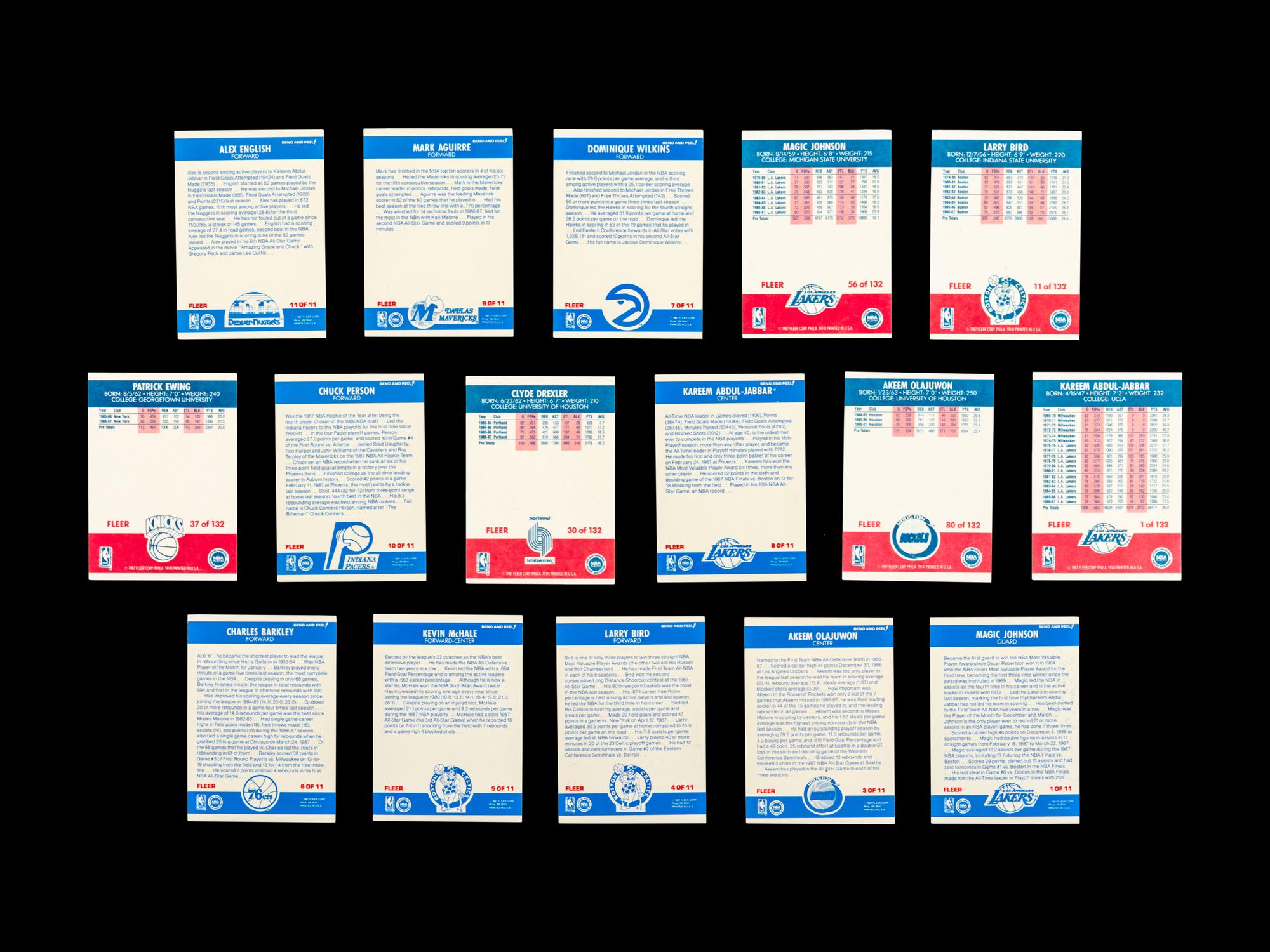 A Group of 16 1987 Fleer Basketball Cards and Stickers Including Multiple Hall of Famers,