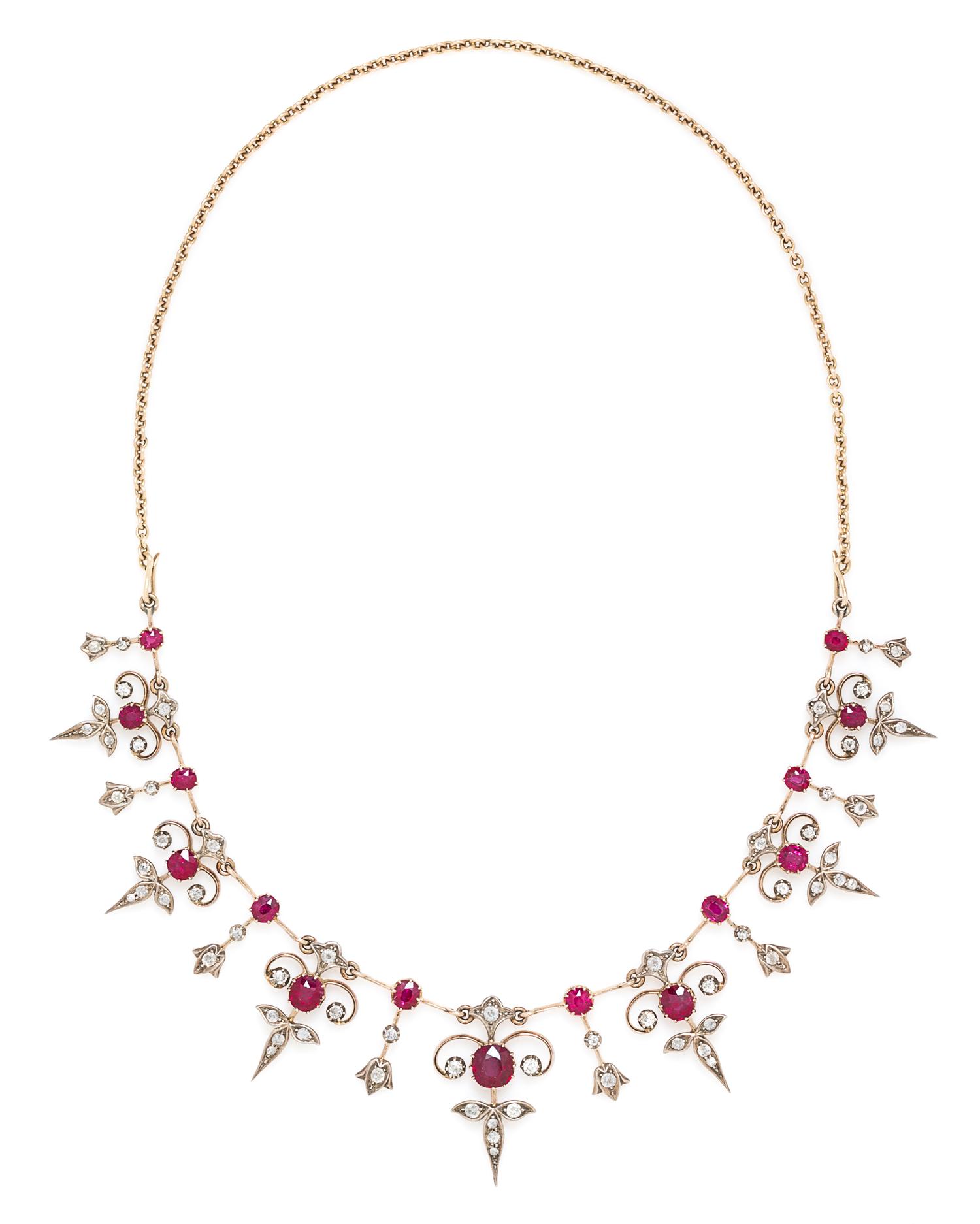 A Yellow Gold, Ruby and Diamond Fringe Necklace, Circa 1900, 14.40 dwts.